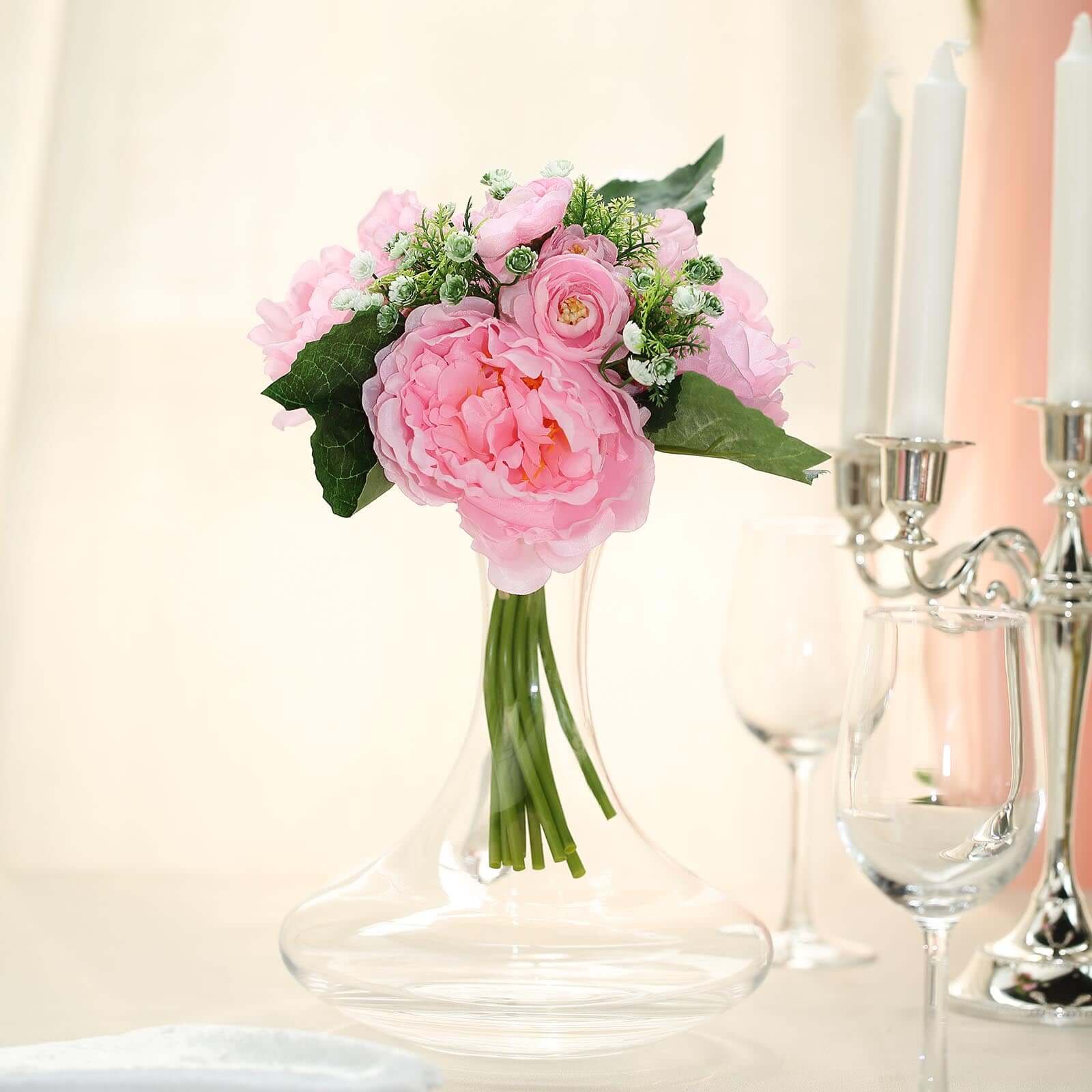 12" Pink Artificial Silk Peonies Bouquet, Faux Peony Spray Bush