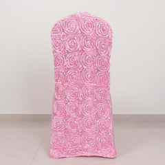 Satin Rosette Chair Cover for Banquet Chairs Pink - Stretch Fitted Slip-On Slipcover
