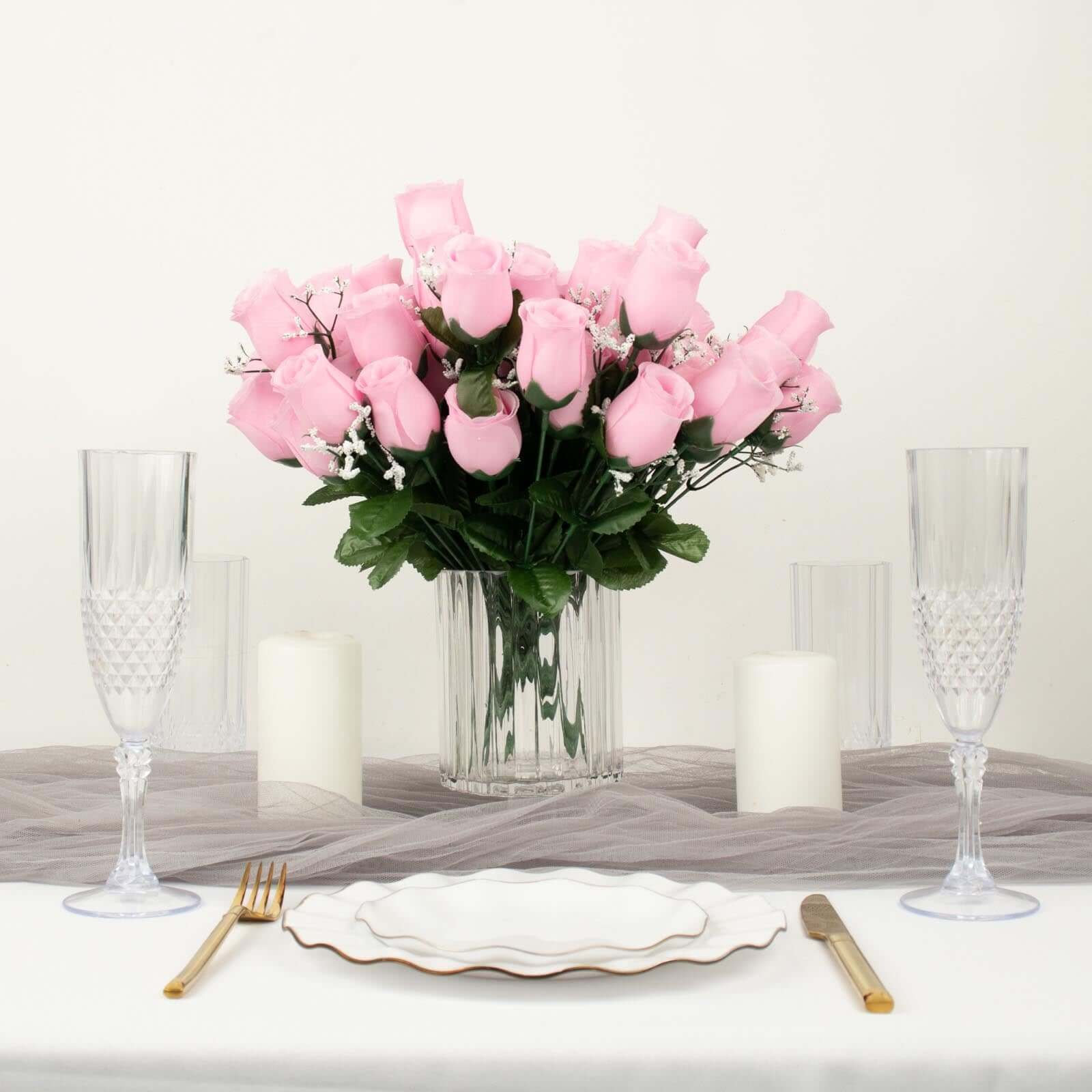 12 Bushes Pink Artificial Premium Silk Flower Rose Bud Bouquets