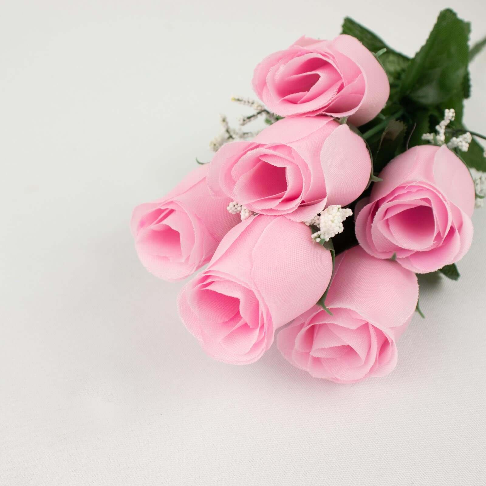 12 Bushes Pink Artificial Premium Silk Flower Rose Bud Bouquets