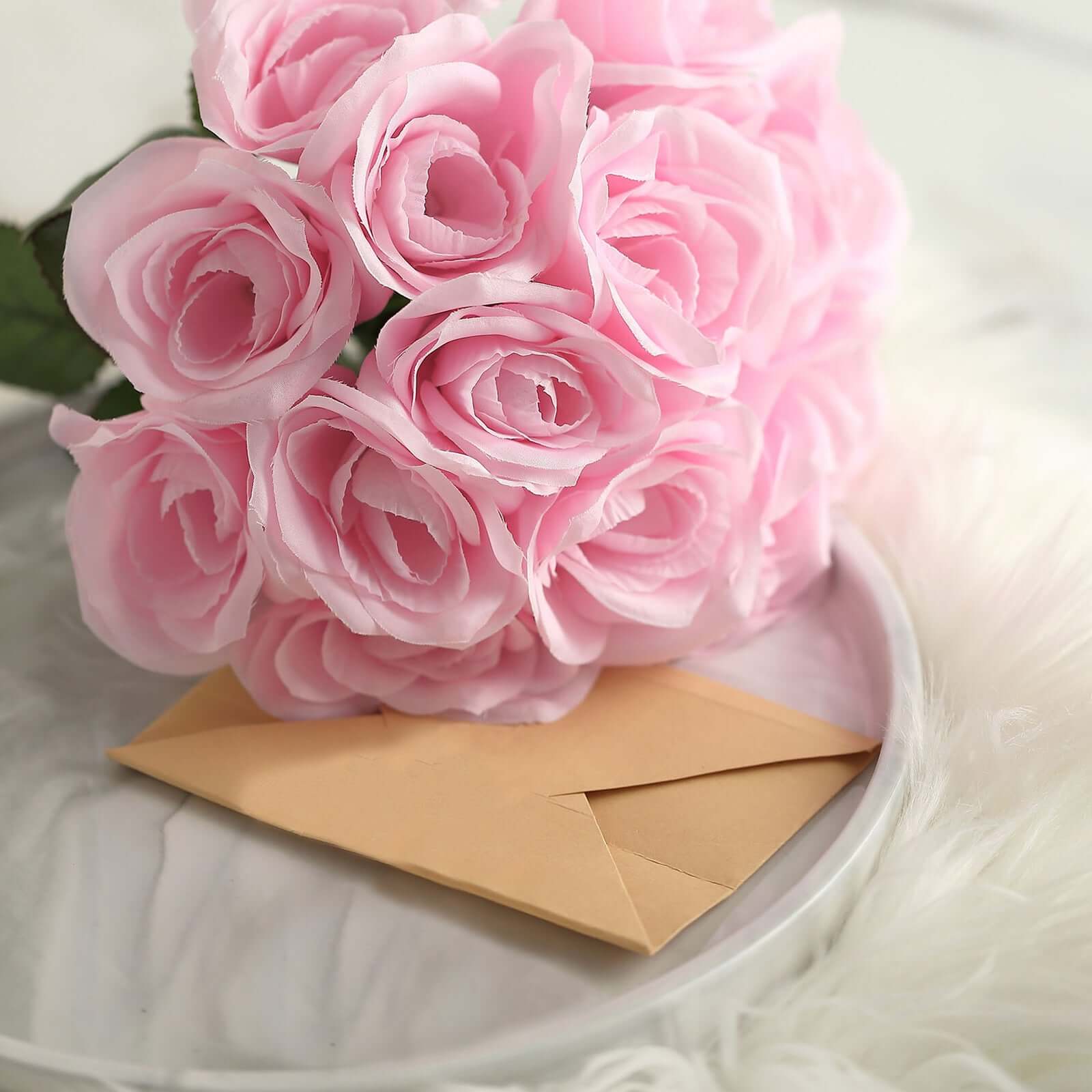 12" Pink Artificial Velvet-Like Rose Flower Bouquet