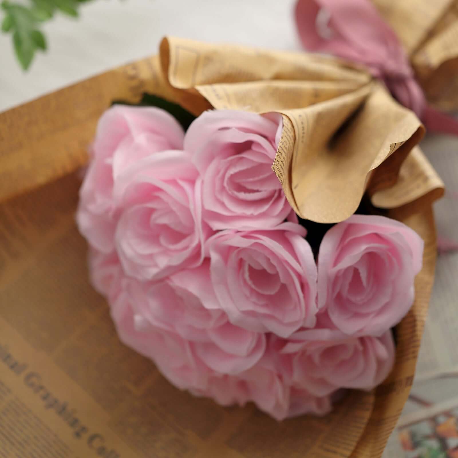12" Pink Artificial Velvet-Like Rose Flower Bouquet