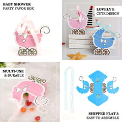25 Pack Pink Baby Paper Stroller Party Favor Gift Boxes, Cardstock Carriage Candy Boxes with Ribbon Ties - 4.5"x2"x4"