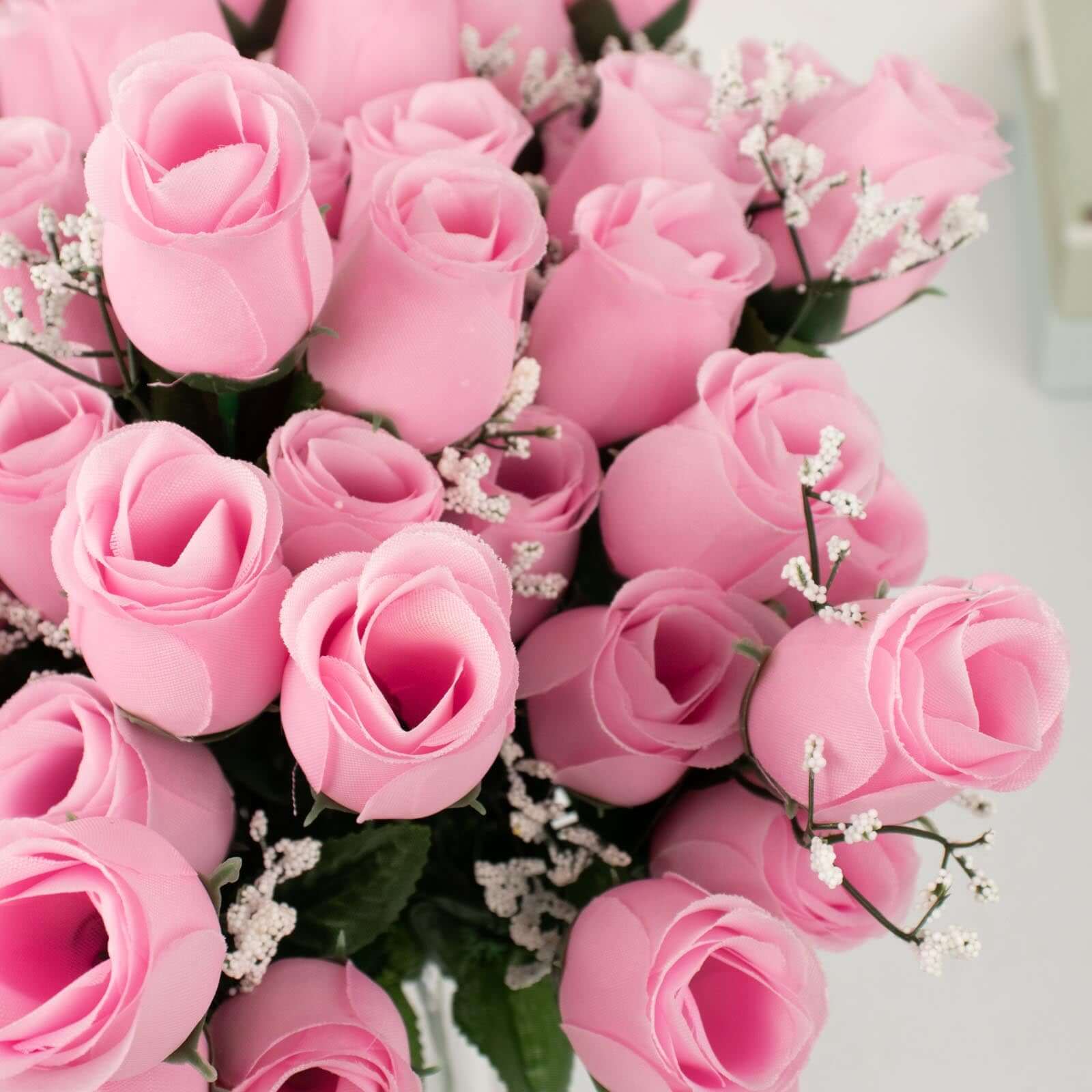 12 Bushes Pink Artificial Premium Silk Flower Rose Bud Bouquets
