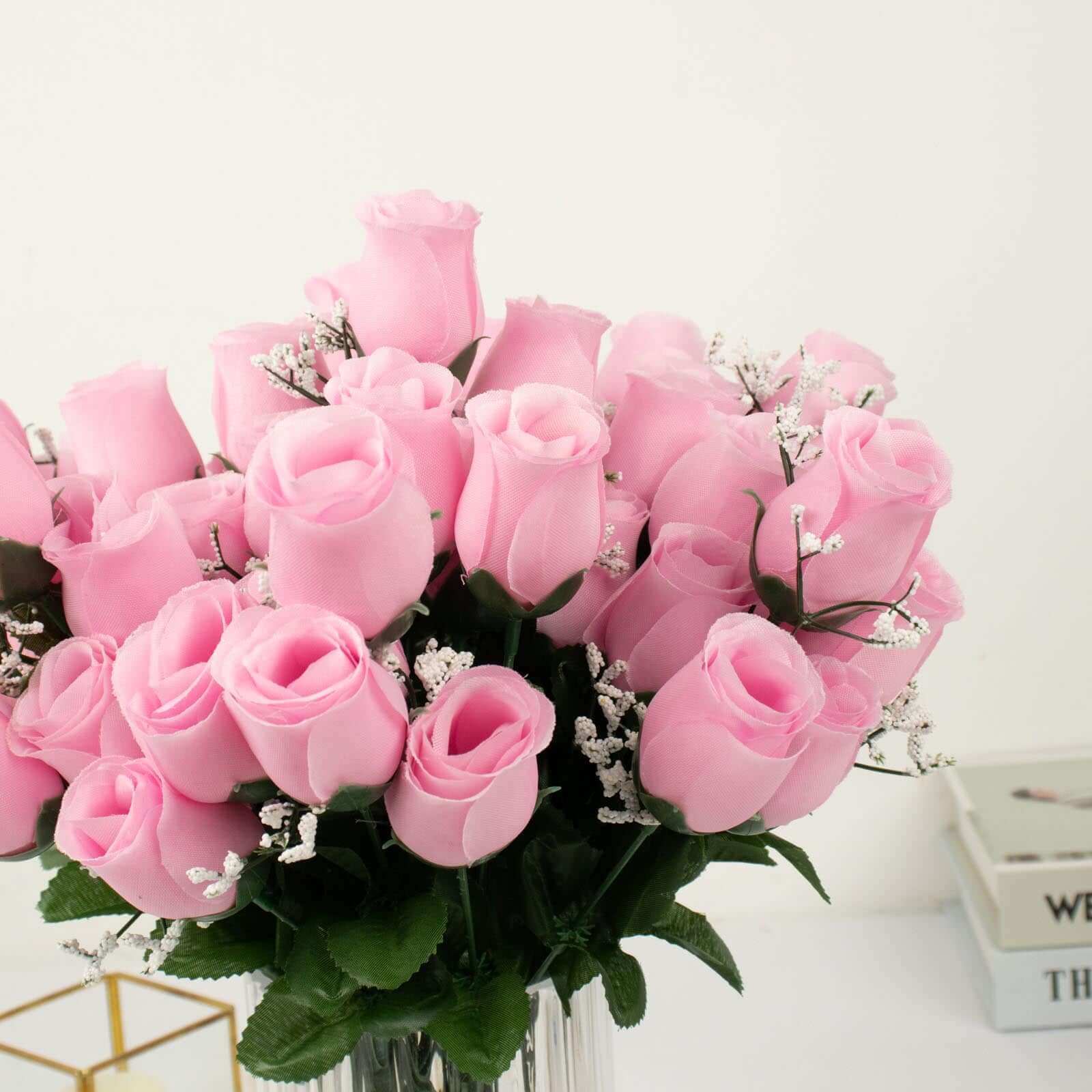 12 Bushes Pink Artificial Premium Silk Flower Rose Bud Bouquets