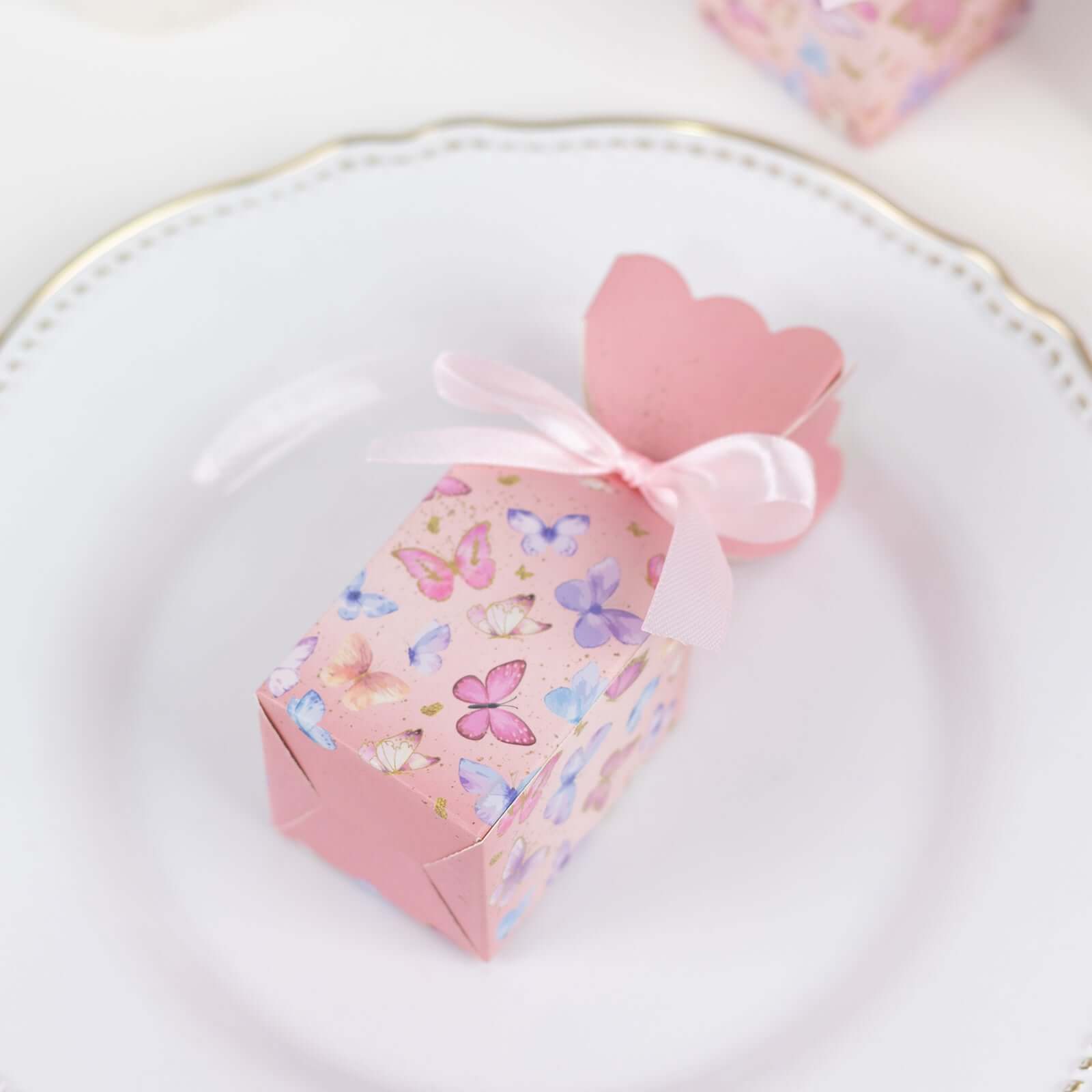 25 Pack Pink Floral Top Candy Gift Boxes With Butterfly Print, Cardstock Paper Party Favor Boxes With Satin Ribbons - 2"x5"
