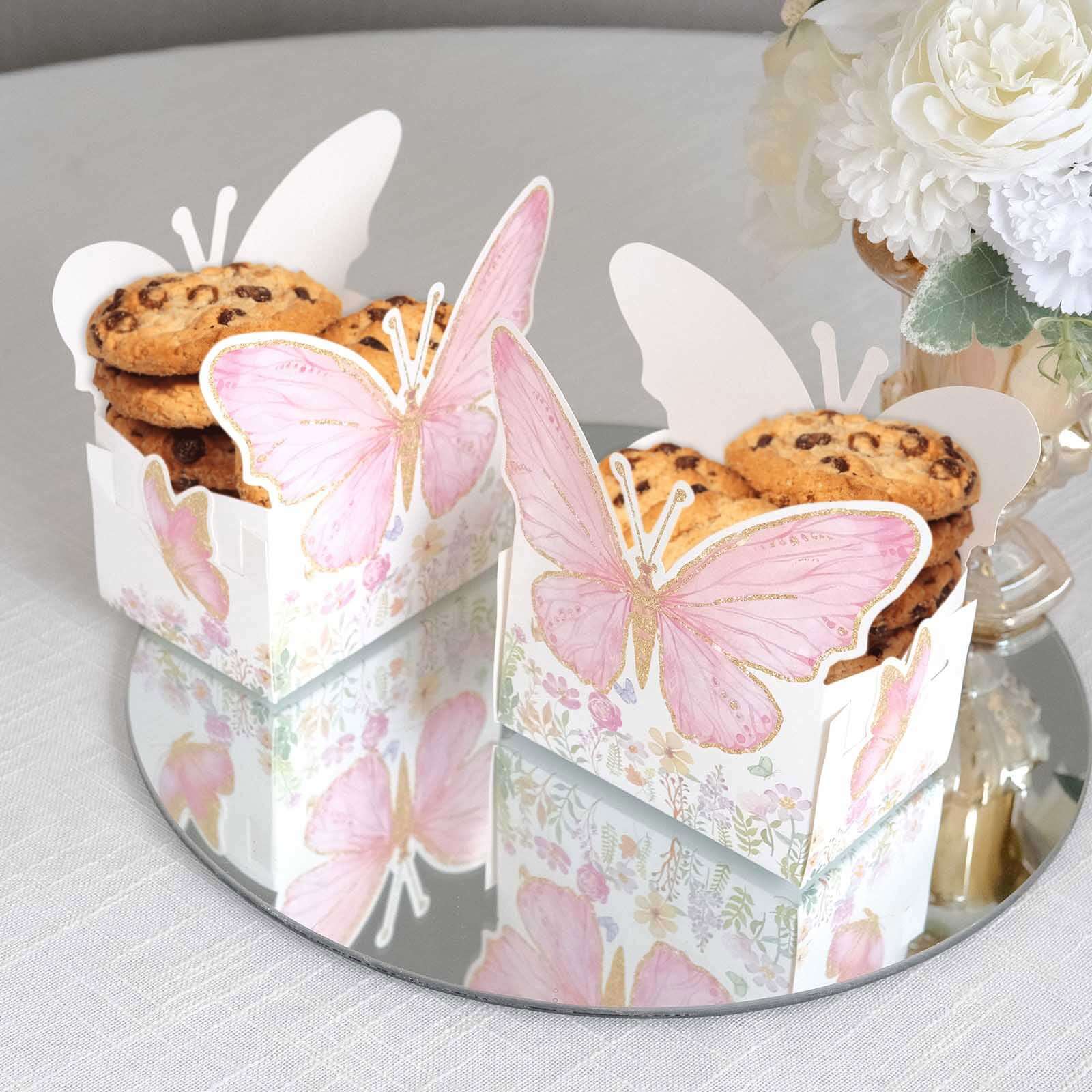 25-Pack Disposable Food Trays White/Pink Glitter Butterfly Design Cardstock - Whimsical Disposable Serving Tray Food Boats for Girls Birthday Baby Shower Party Supplies 6"x7"