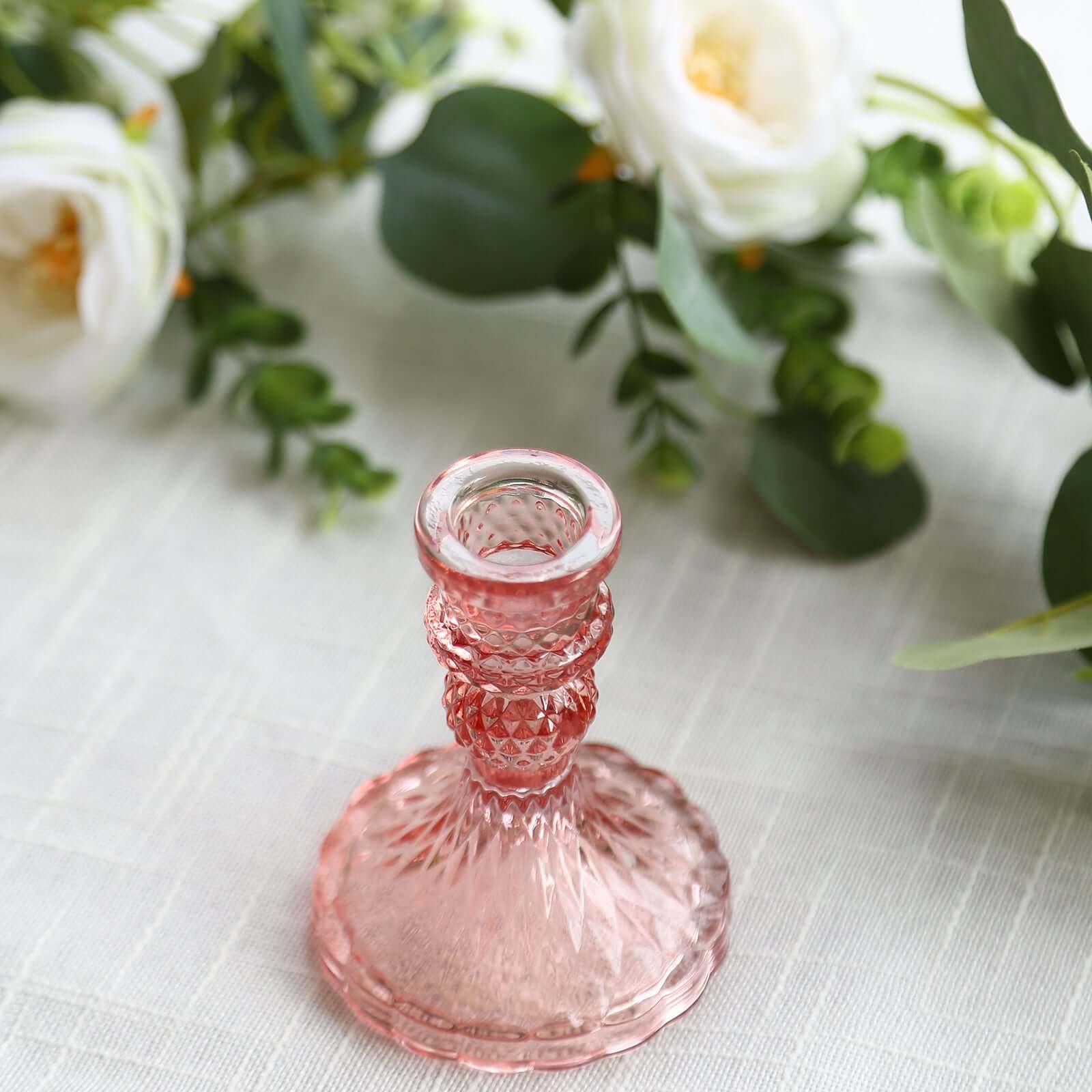 6-Pack Glass Taper Candlestick Holders Diamond Pattern Design Dusty Rose - Reversible Crystal Pillar Votive Stands 4"
