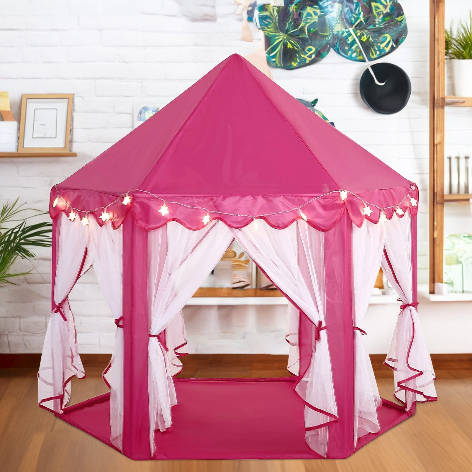 4.5Ft Pink Princess Castle Play House Tent with Star LED Garlands and Carry Bag