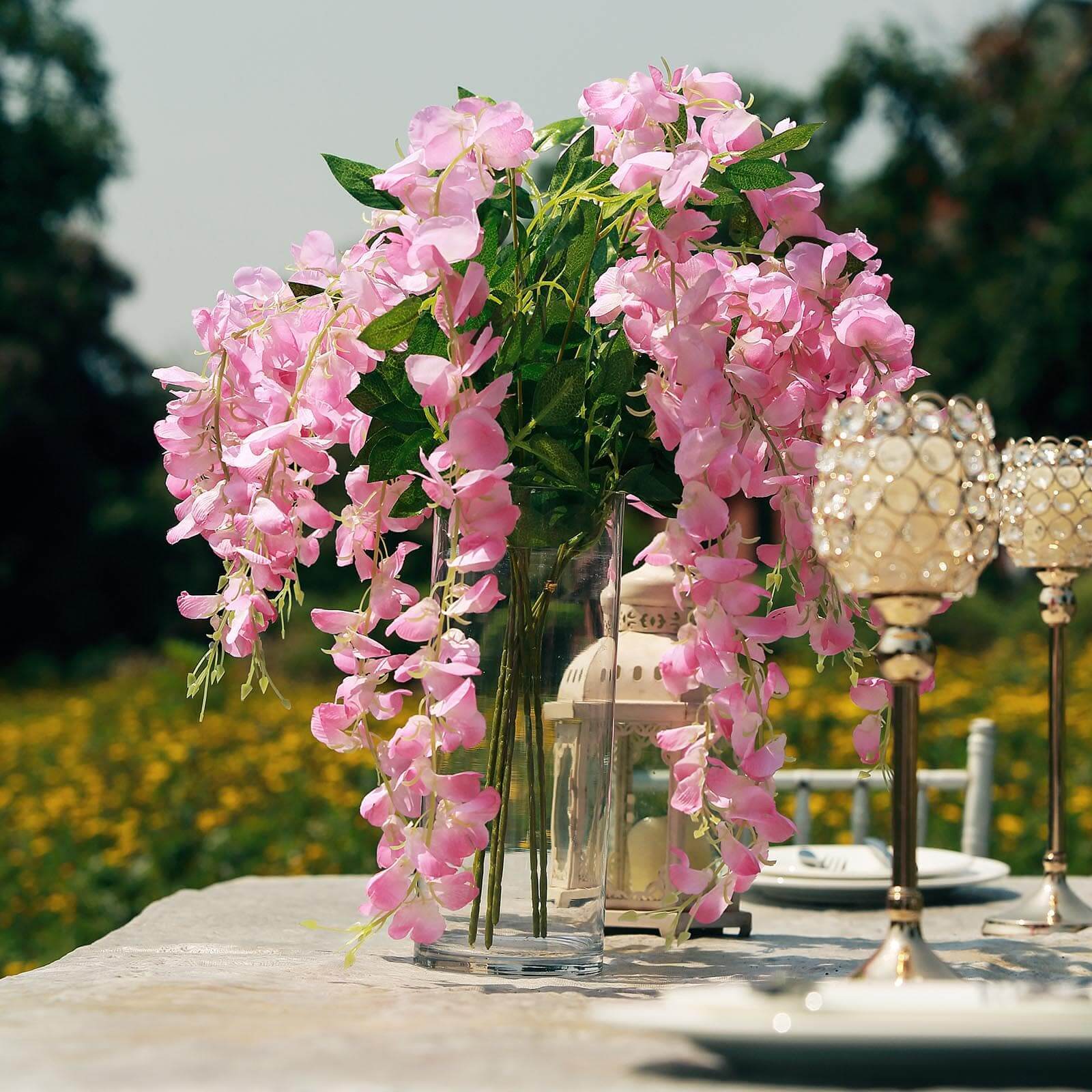 5 Pack 44" Silk Hanging Wisteria Flower Garland Vines in Pink, 3 Strands in 1 Bush