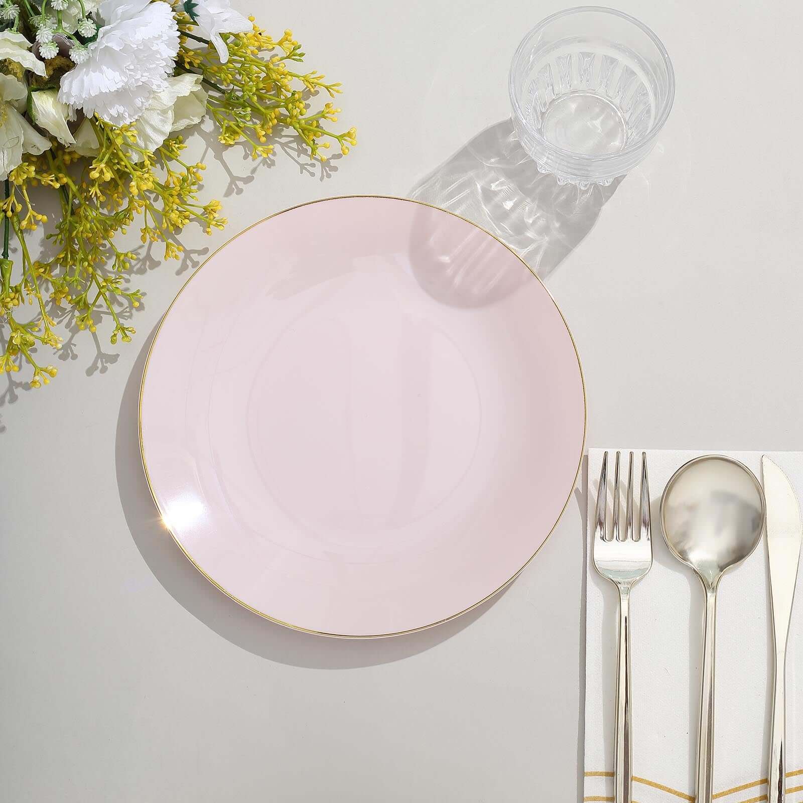 10-Pack Plastic 8" Round Dessert Plates in Blush with Gold Rim - Glossy Disposable Appetizer Salad Plates