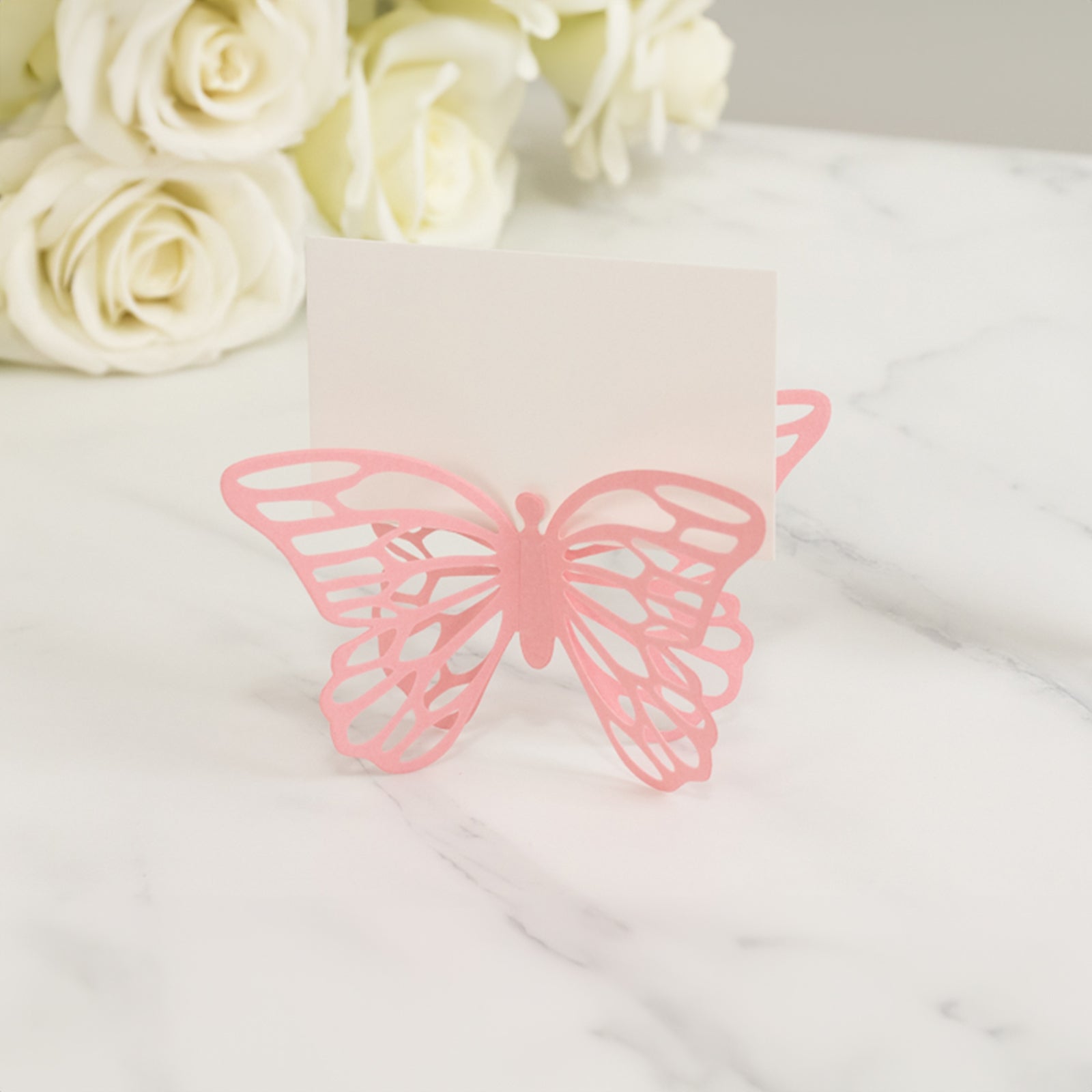 25-Pack Paper Butterfly Place Card Holders Pink with White Printable Cards - 3D Free Standing Table Number Stands 3"x5"