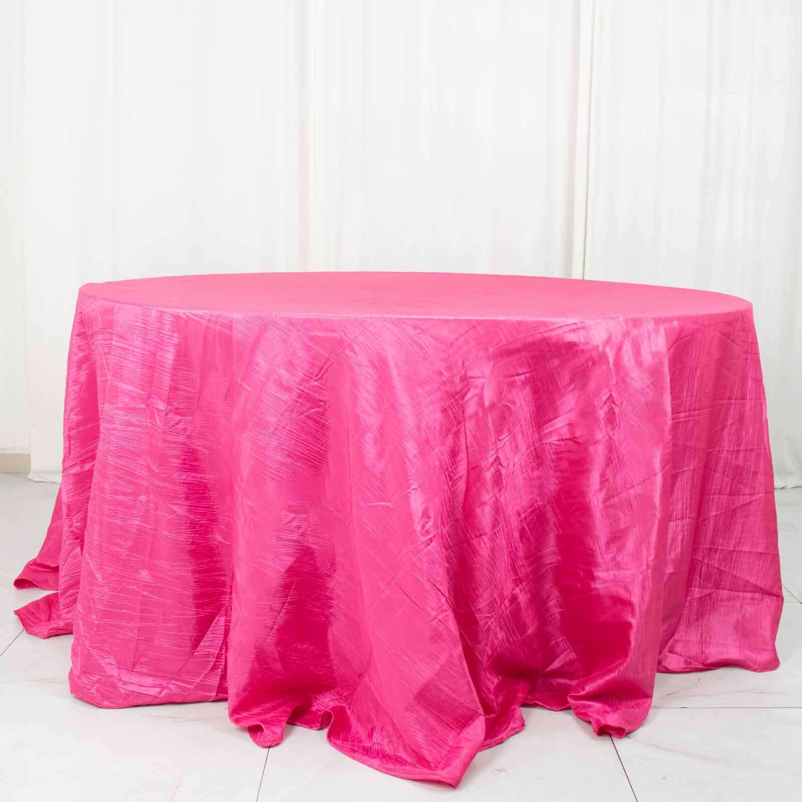 Taffeta 132" Round Tablecloth Fuchsia - Seamless Accordion Crinkle Table Cover