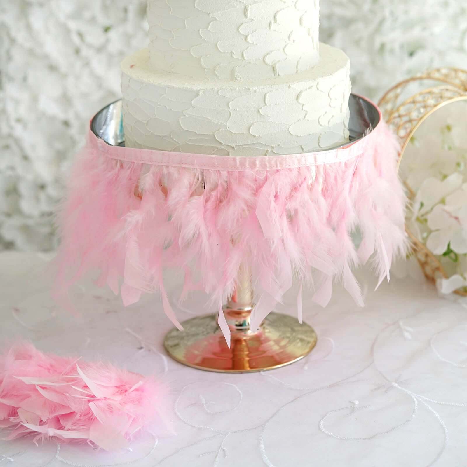 39" Pink Real Turkey Feather Fringe Trim With Satin Ribbon Tape