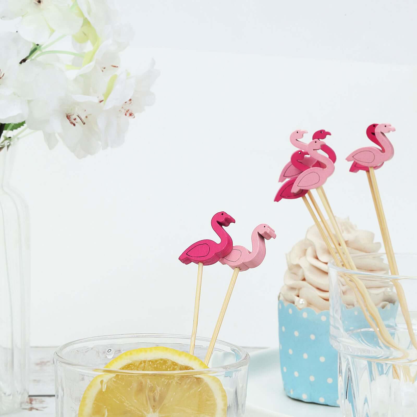 100-Pack Bamboo Cocktail Sticks Flamingo Decorative Top Design Fuchsia/Hot Pink - Eco Friendly Party Picks 5"