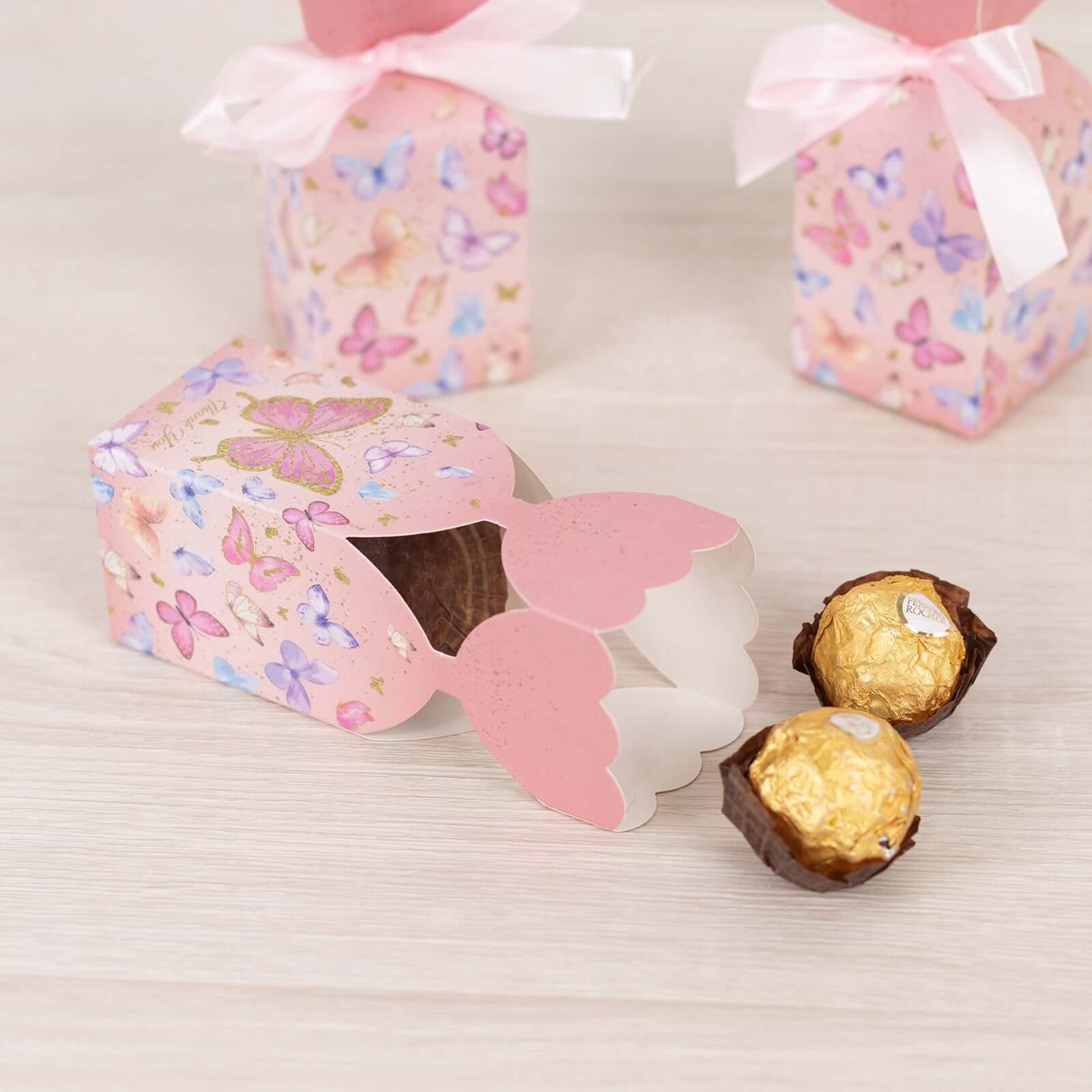 25 Pack Pink Floral Top Candy Gift Boxes With Butterfly Print, Cardstock Paper Party Favor Boxes With Satin Ribbons - 2"x5"