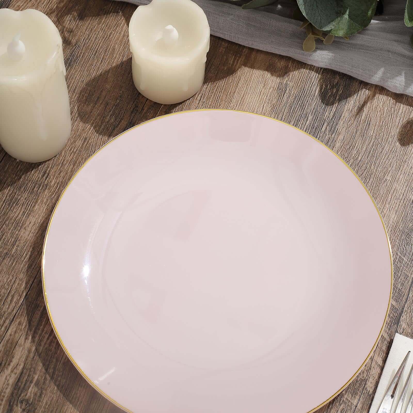 10-Pack Plastic 8" Round Dessert Plates in Blush with Gold Rim - Glossy Disposable Appetizer Salad Plates