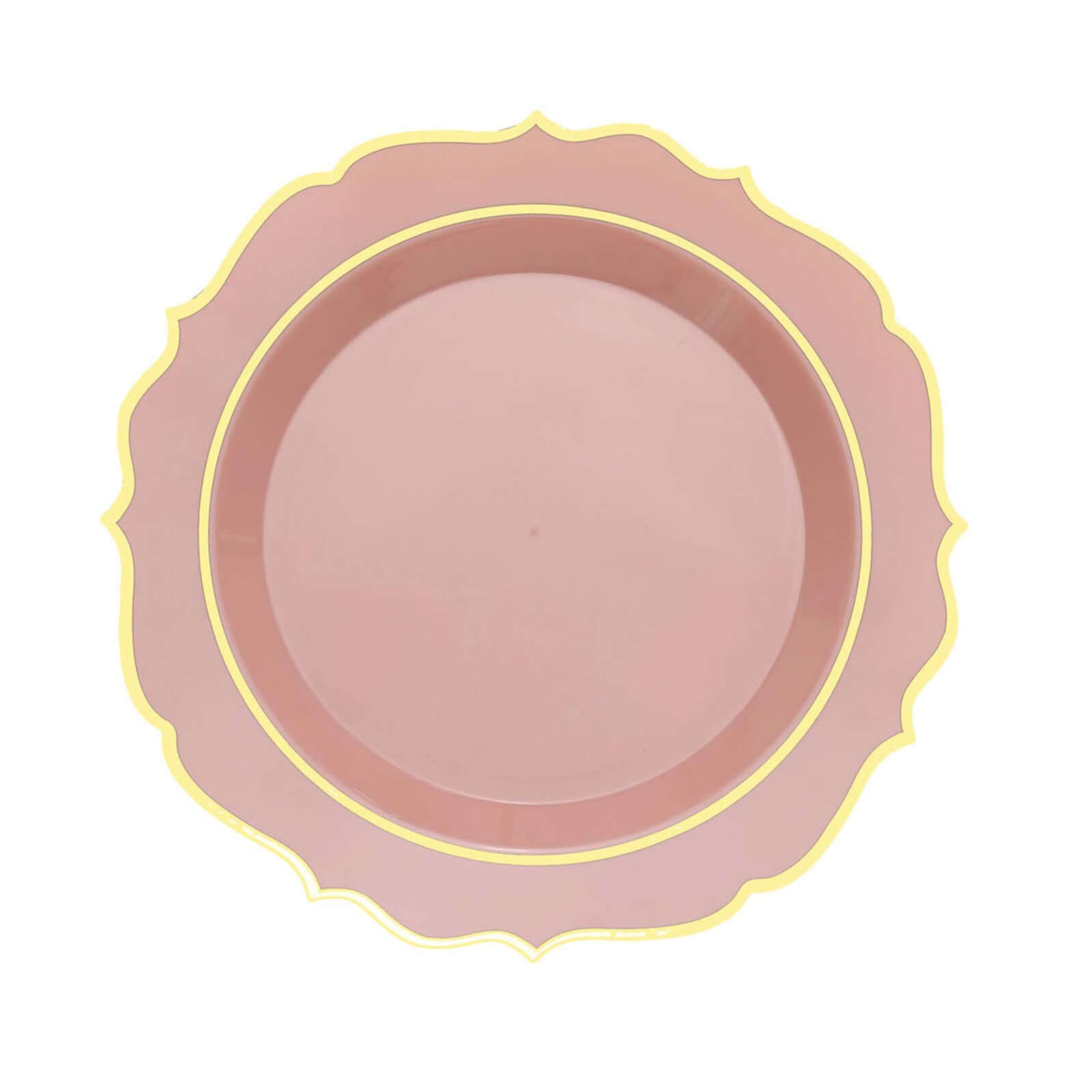 10-Pack Plastic 8" Round Desert Plates in Dusty Rose with Gold Scalloped Rim - Disposable Appetizer/Salad Plates