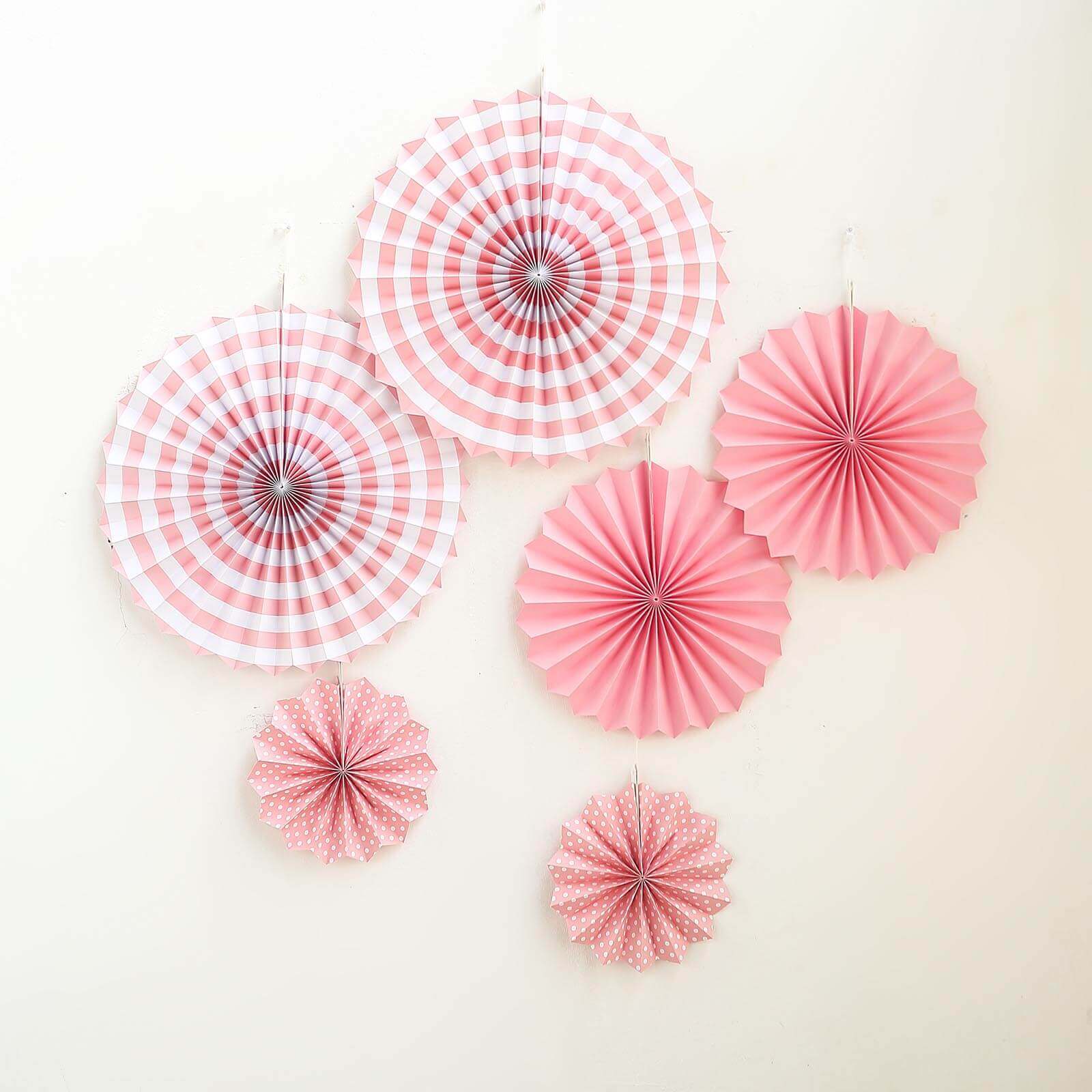 Set of 6 Pink Hanging Paper Fan Decorations, Pinwheel Wall Backdrop Party Kit - 8", 12", 16"