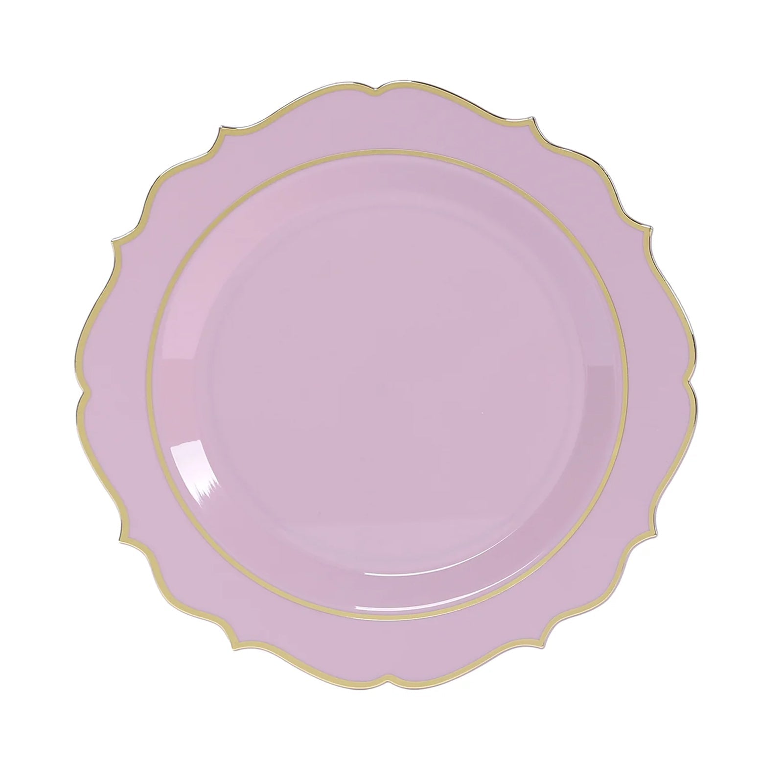 10-Pack Plastic 8" Round Desert Plates in Lavender Lilac with Gold Scalloped Rim - Disposable Appetizer/Salad Plates