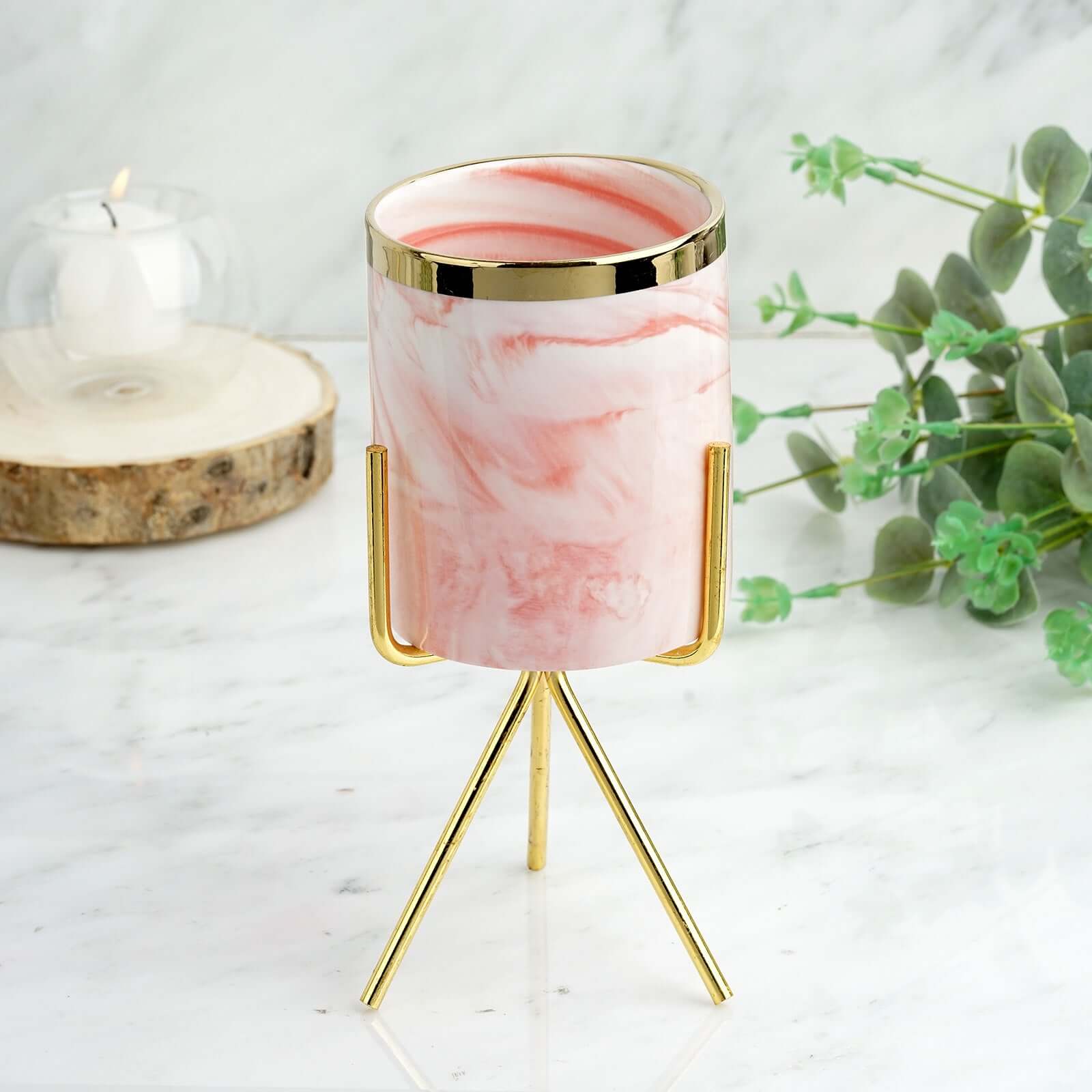 Ceramic Planter Gold Rimmed Pink Marble Design with Gold Metal Stand - Decorative Vase 8"