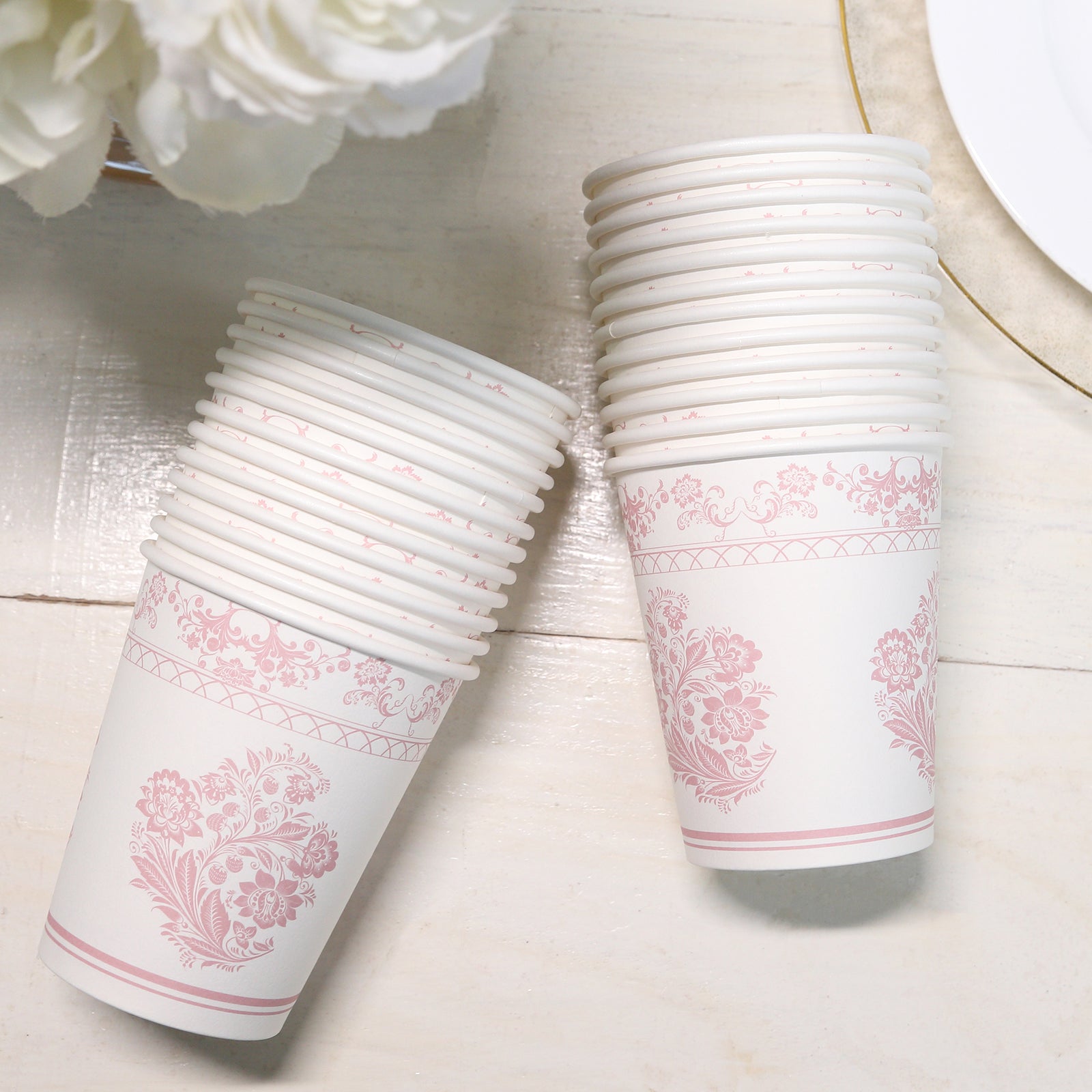 24 Pack Disposable Paper Cups in White Pink French Toile Pattern, Elegant Party Cups - 9oz