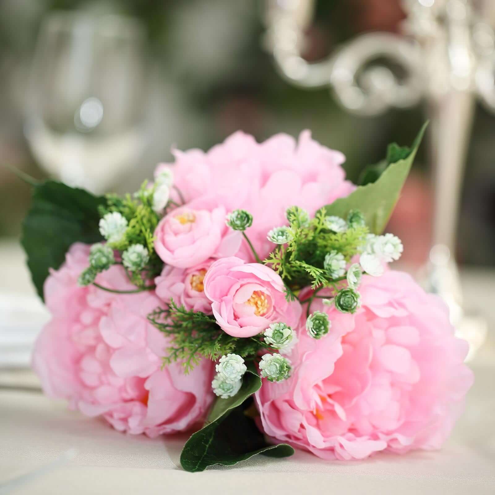 12" Pink Artificial Silk Peonies Bouquet, Faux Peony Spray Bush