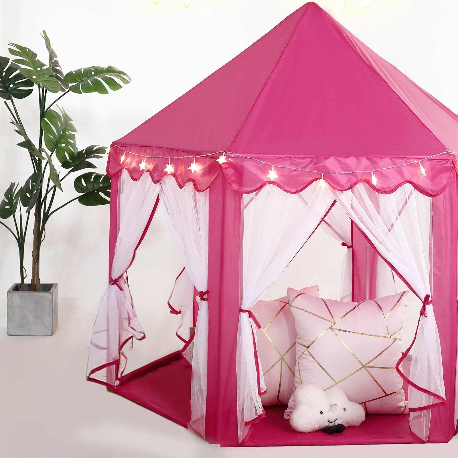 4.5Ft Pink Princess Castle Play House Tent with Star LED Garlands and Carry Bag
