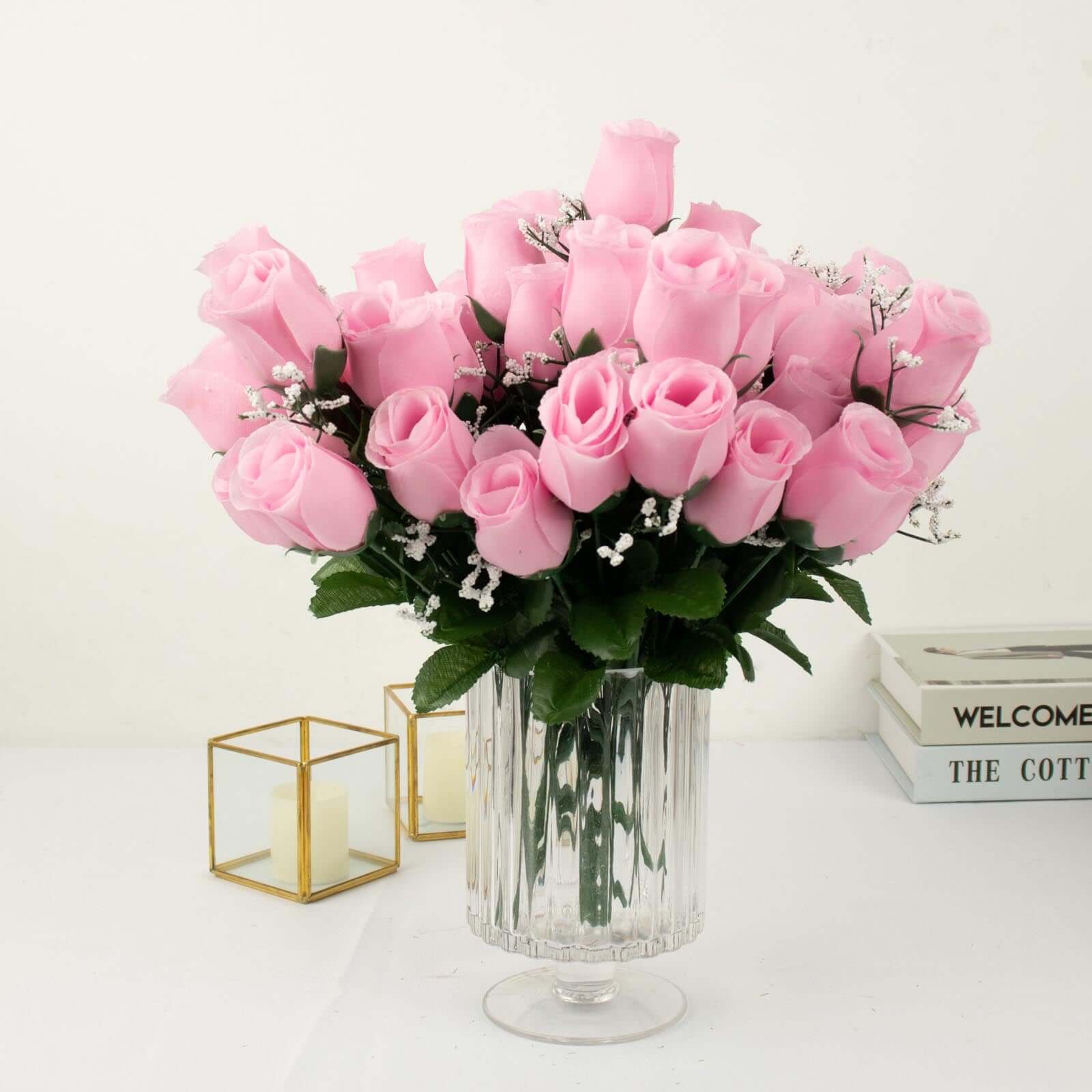 12 Bushes Pink Artificial Premium Silk Flower Rose Bud Bouquets