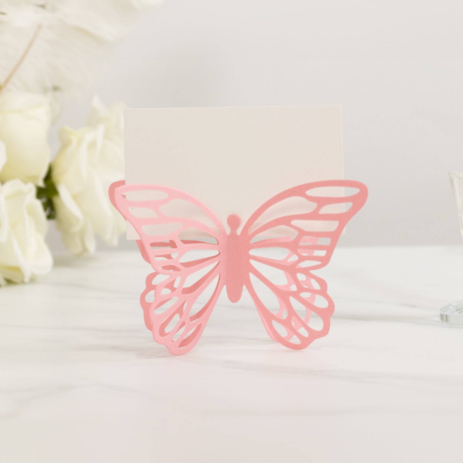 25-Pack Paper Butterfly Place Card Holders Pink with White Printable Cards - 3D Free Standing Table Number Stands 3"x5"