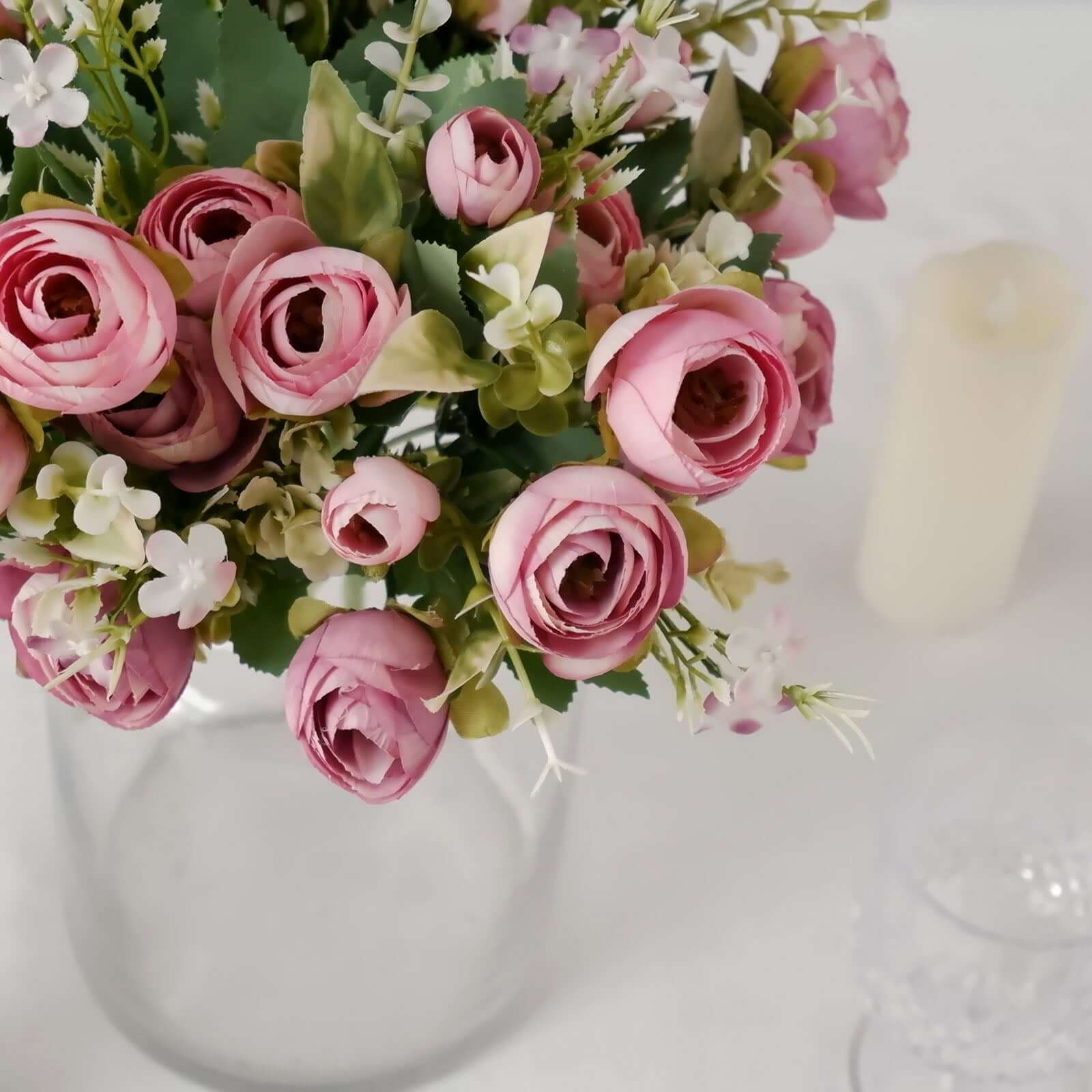4 Pack 12" Artificial Dusty Rose Ranunculus Silk Flower Bridal Bouquets, Faux Buttercup Floral Arrangement