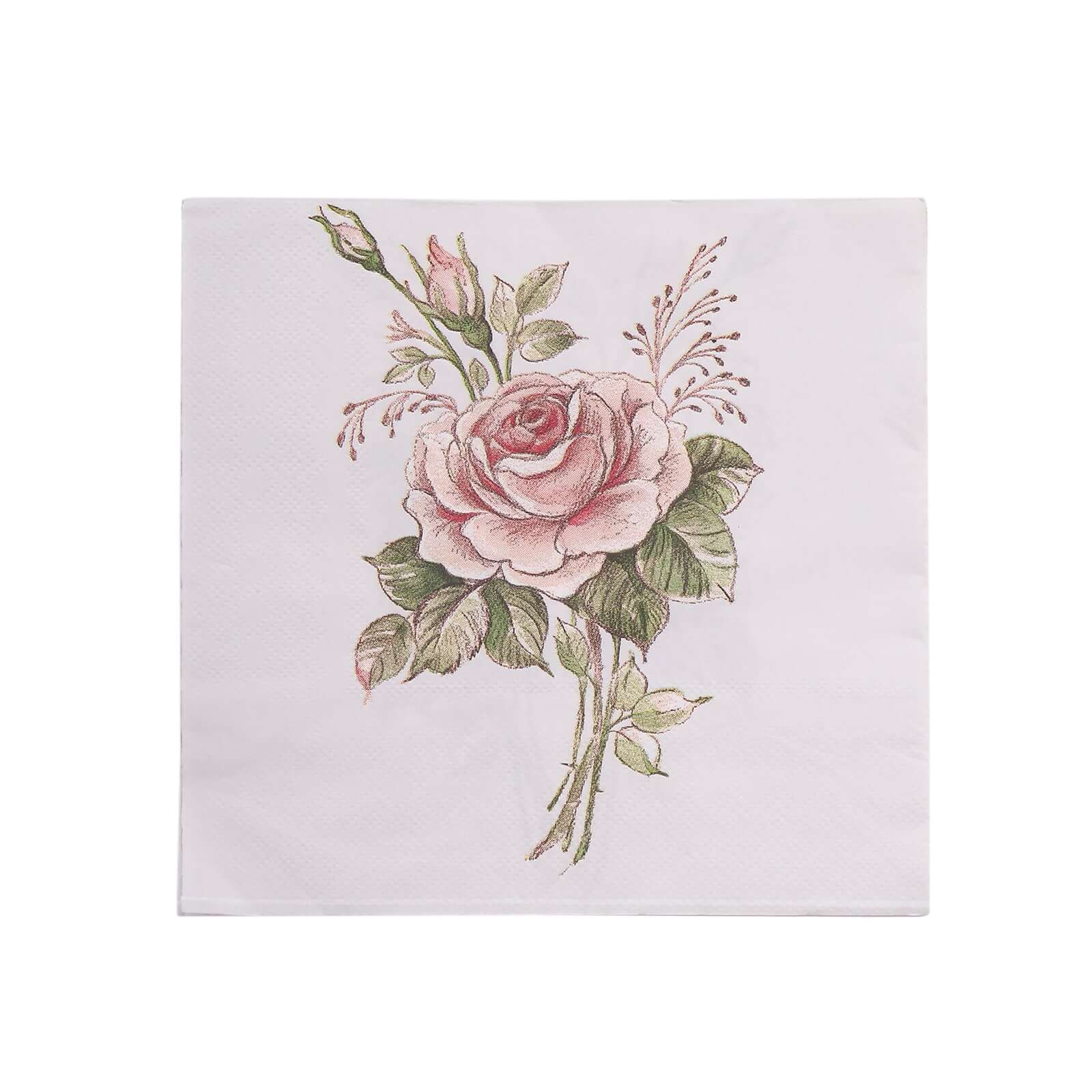 50-Pack Paper Beverage Napkins with Pink Floral Design Ivory - 2 Ply Soft 18GSM Rose Garden Wedding Napkins 6.5"x6.5"