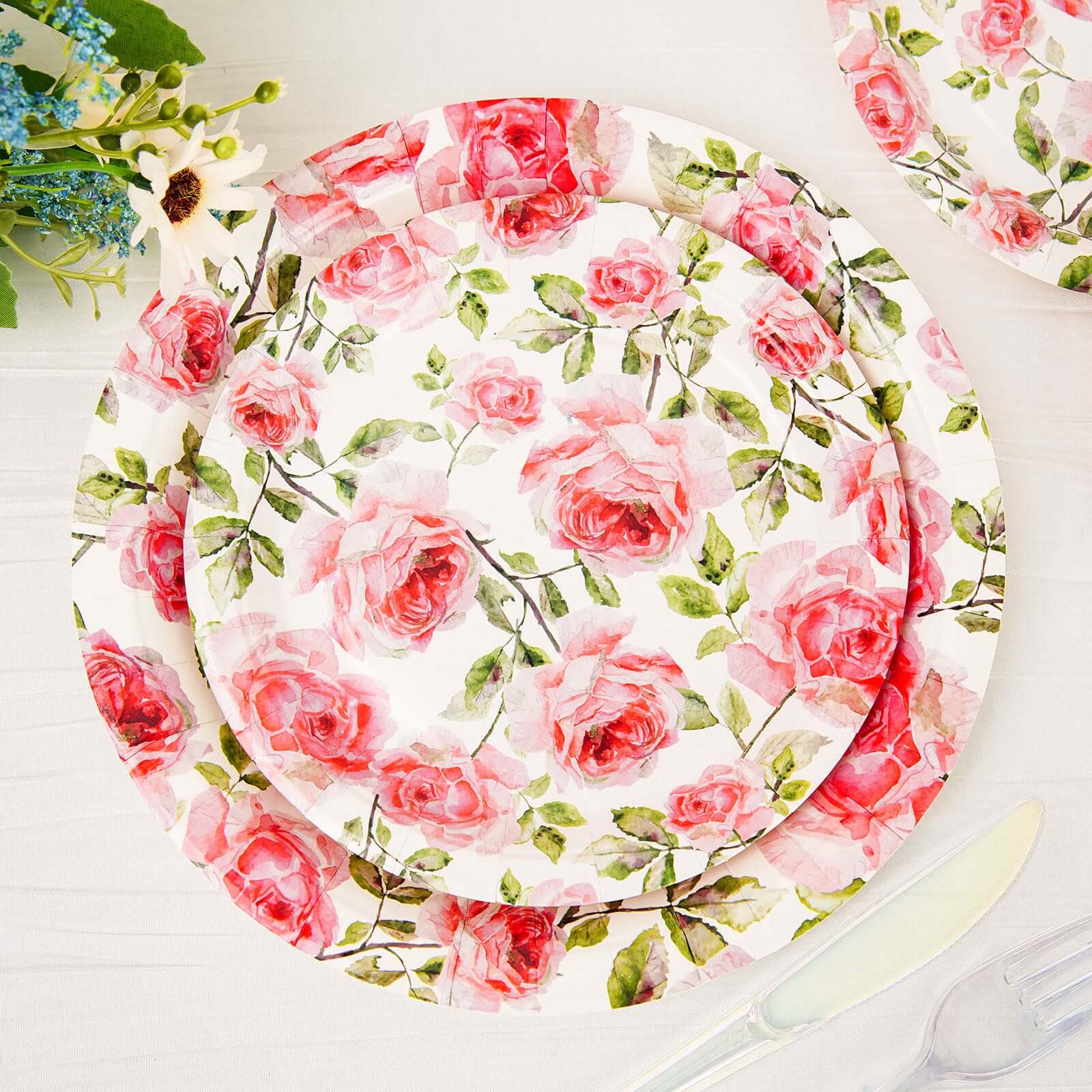 25 Pack Rose 9" Flower Bouquet Design Premium Dinner Paper Plates - 300 GSM