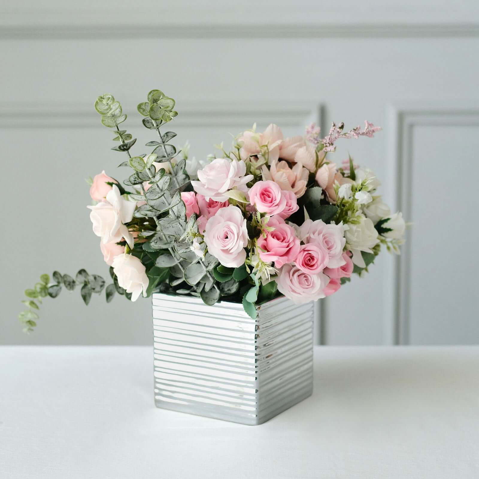 2 Pack 5" Silver Brush Textured Ceramic Square Indoor Plant Pots, Cube Shaped Flower Box