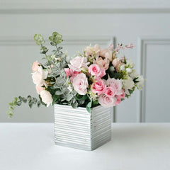 2 Pack 5" Silver Brush Textured Ceramic Square Indoor Plant Pots, Cube Shaped Flower Box