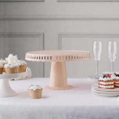 4-Pack Plastic Round Pedestal Cake Stands Blush - Reusable Cupcake Pastry Display Risers with Hollow Ribbon Trim Edges for Stylish Dessert Presentation 13"