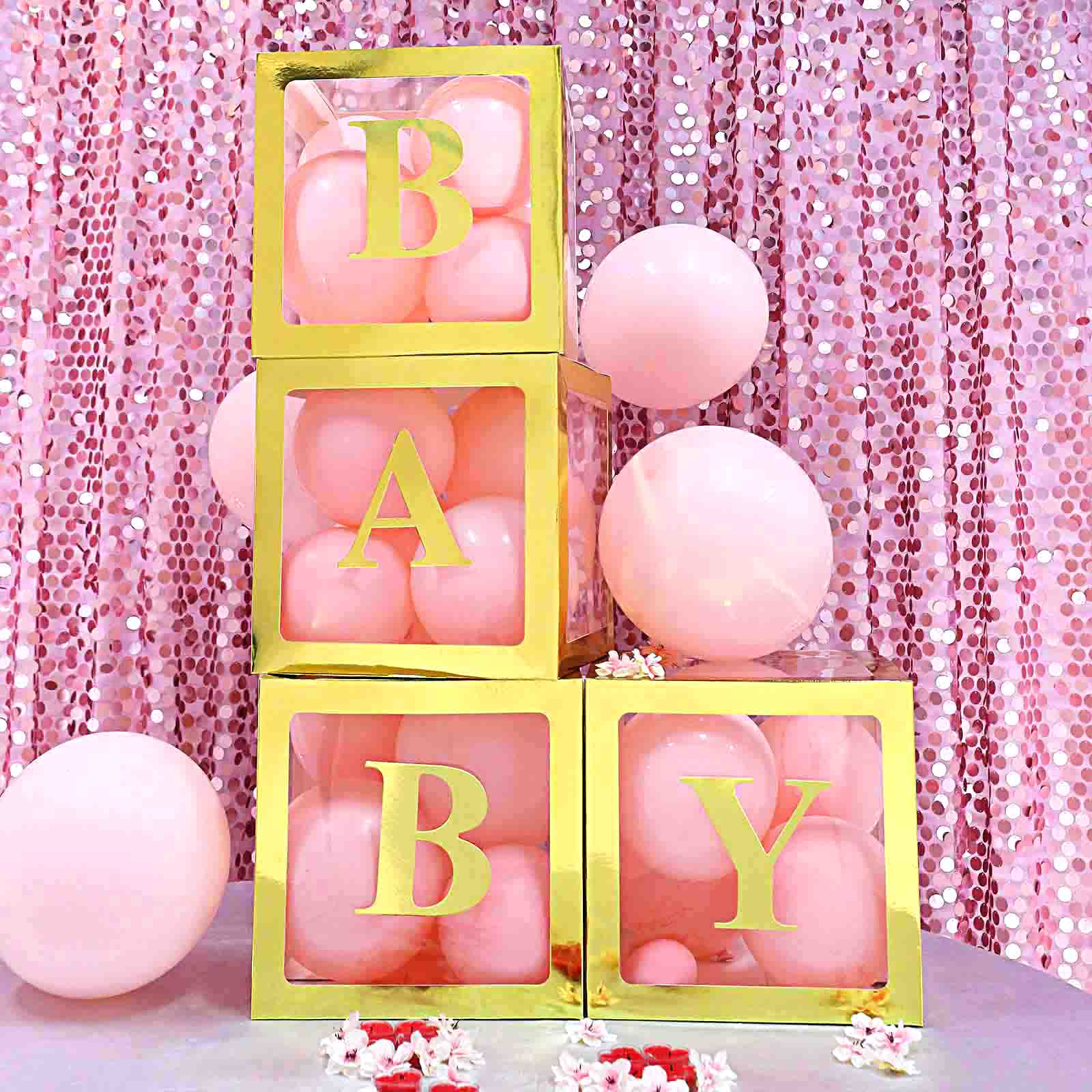 2 Pack 12" Metallic Gold Clear Baby Shower Party Decoration Boxes, Transparent DIY Balloon Boxes