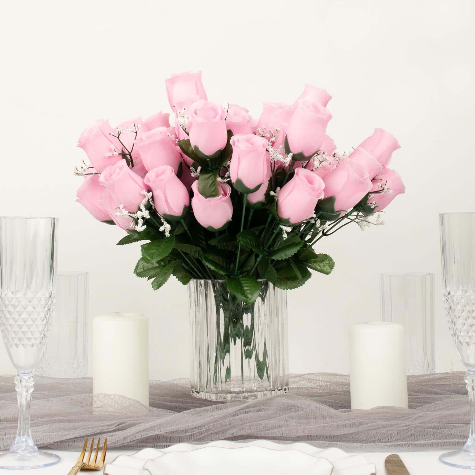12 Bushes Pink Artificial Premium Silk Flower Rose Bud Bouquets