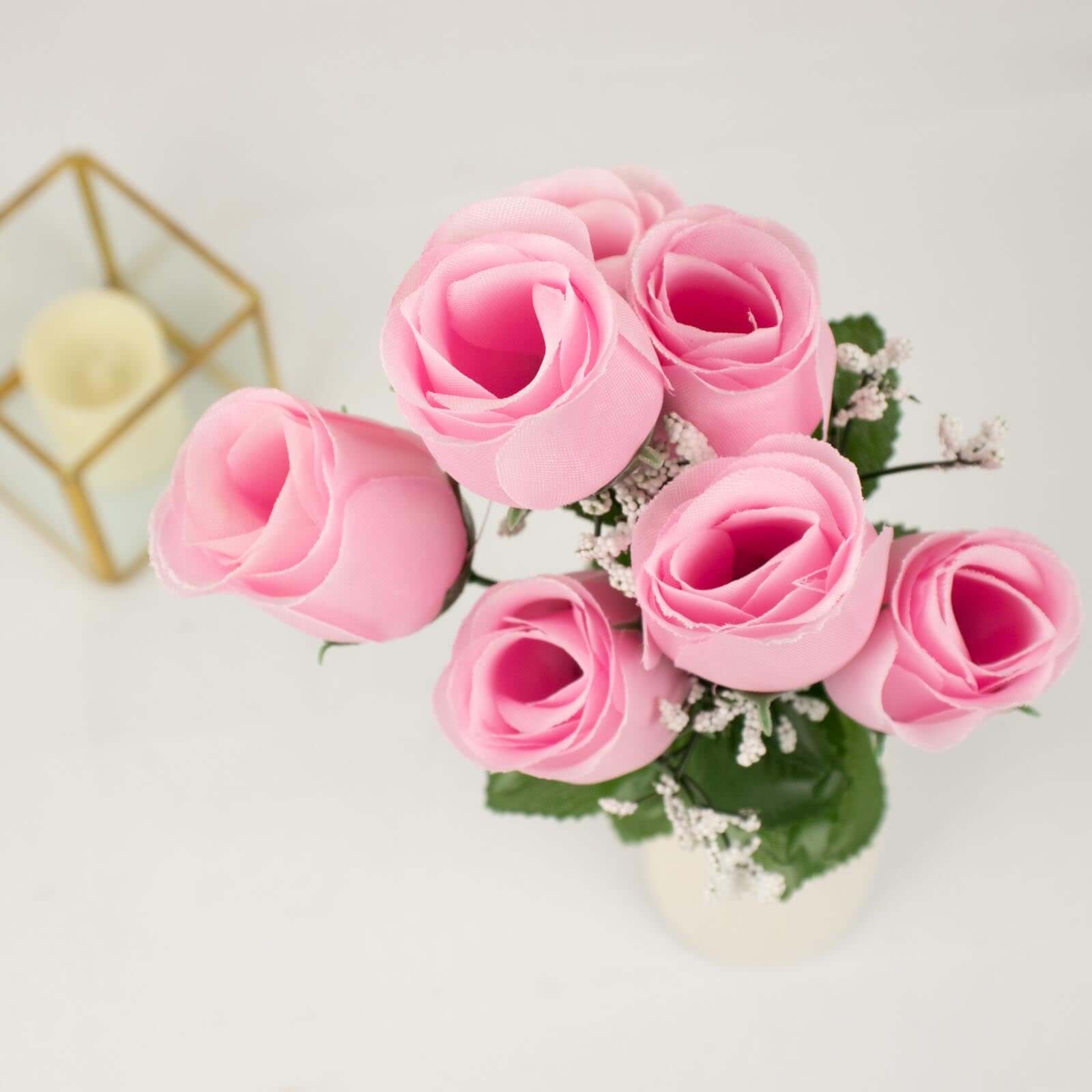 12 Bushes Pink Artificial Premium Silk Flower Rose Bud Bouquets