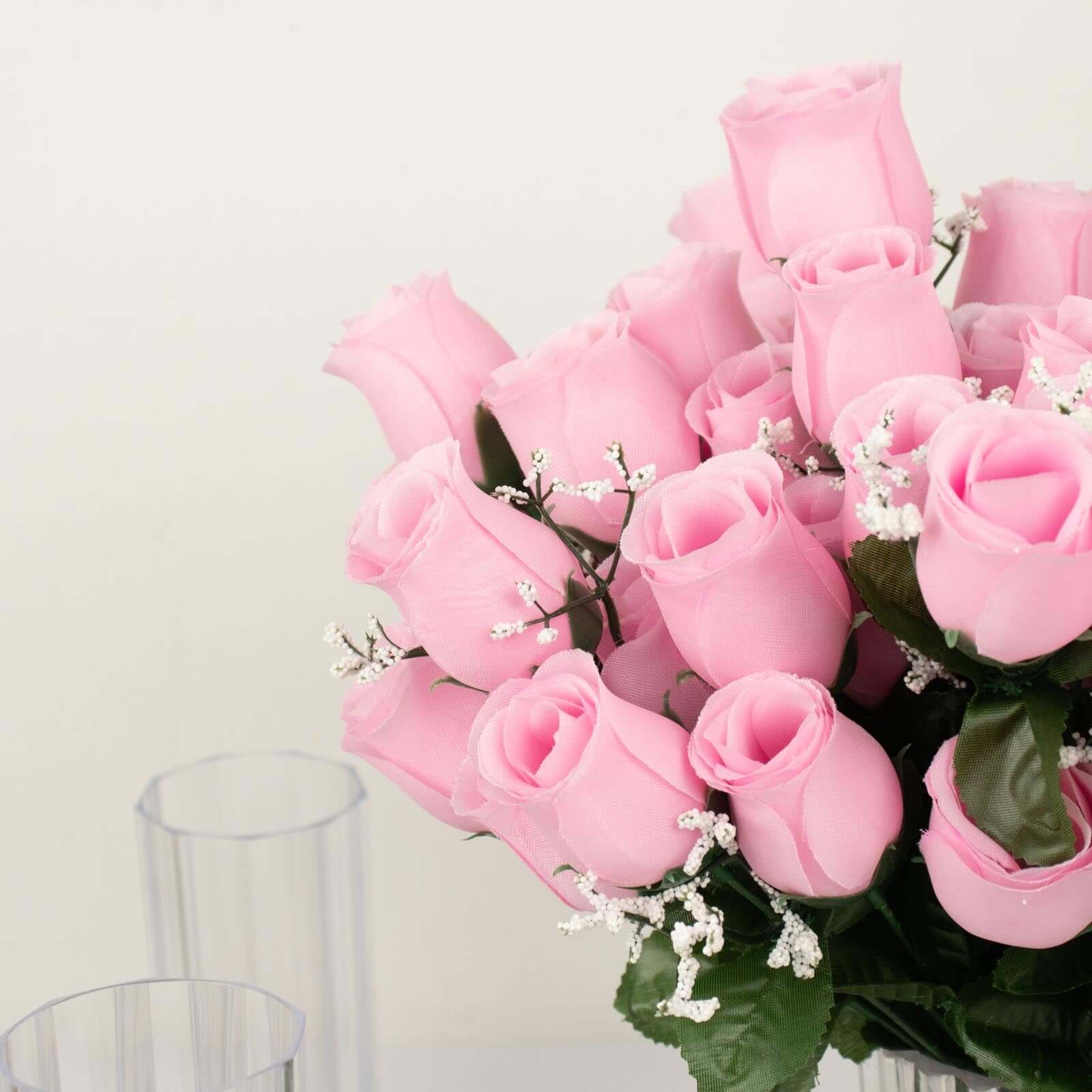 12 Bushes Pink Artificial Premium Silk Flower Rose Bud Bouquets