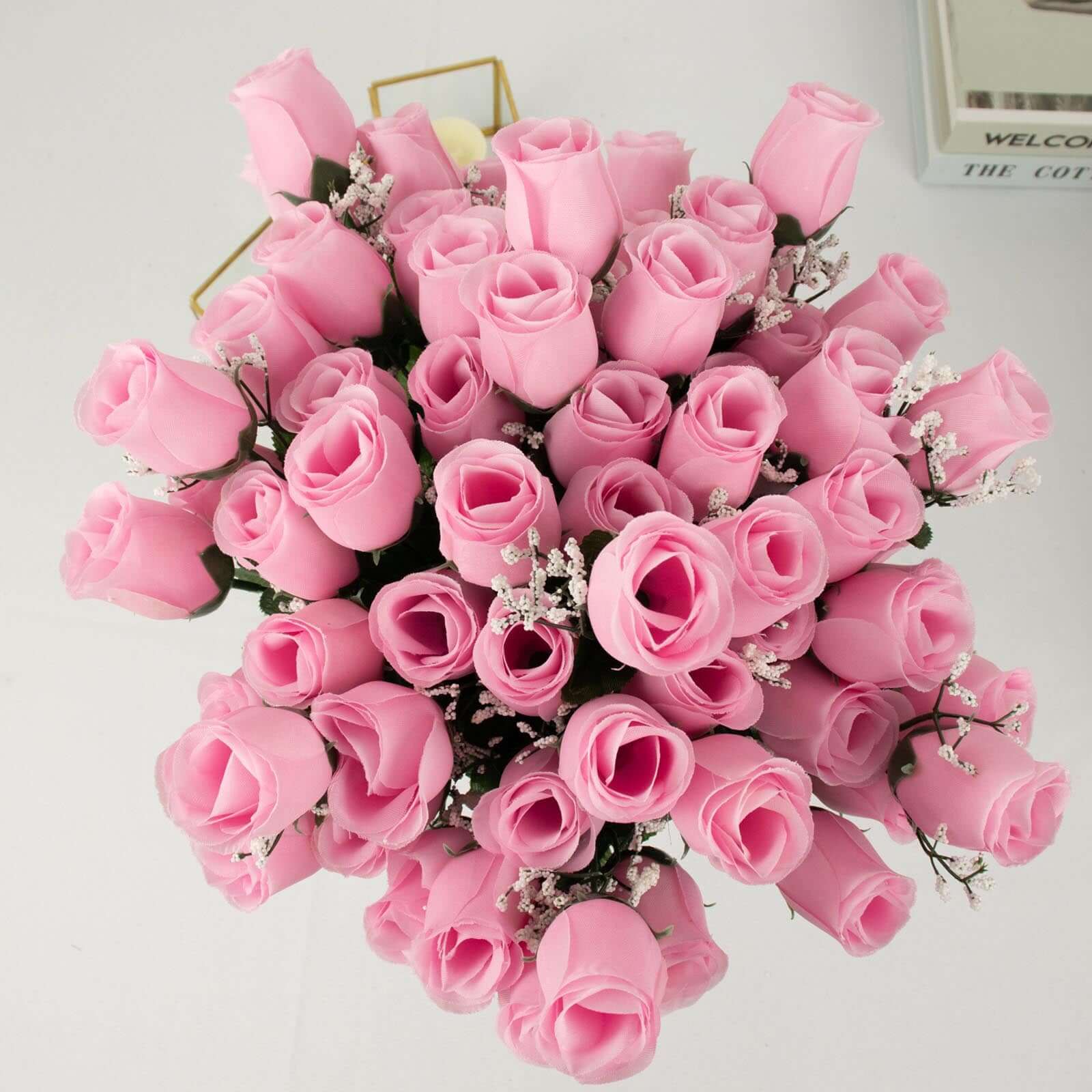 12 Bushes Pink Artificial Premium Silk Flower Rose Bud Bouquets