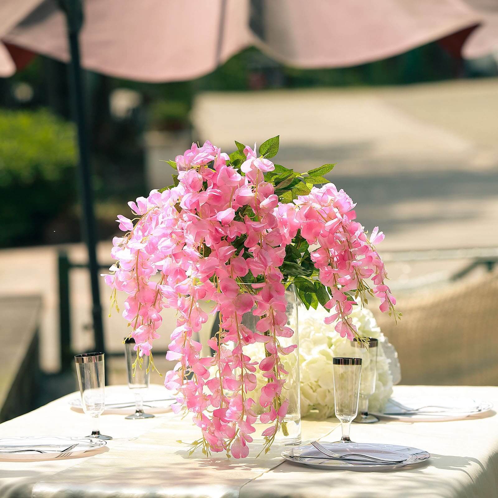 5 Pack 44" Silk Hanging Wisteria Flower Garland Vines in Pink, 3 Strands in 1 Bush