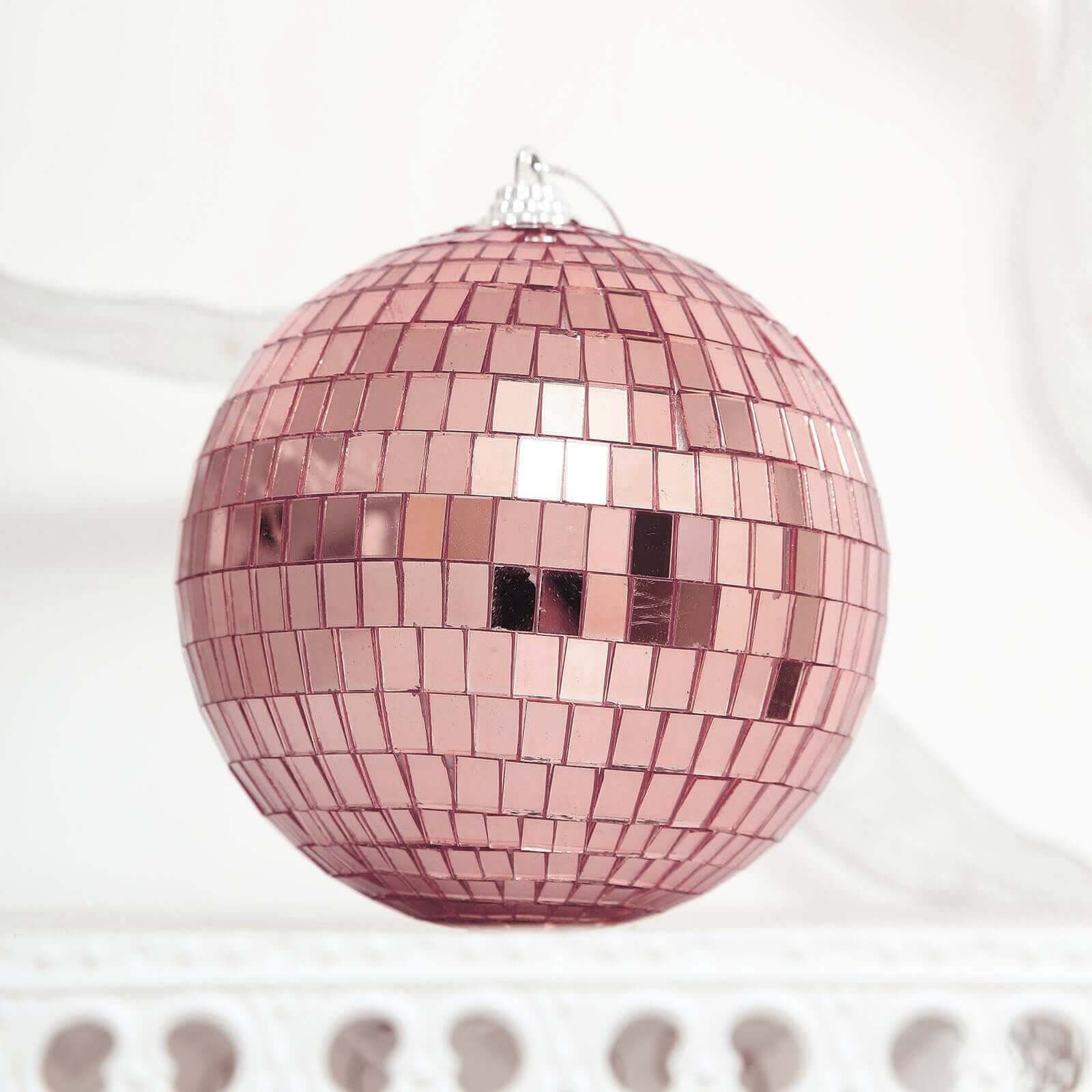 4 Pack 4" Rose Gold Foam Disco Mirror Ball With Hanging Strings, Holiday Christmas Ornaments