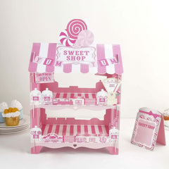 2-Tier Cardboard Cupcake Stand with White/Pink Sweet Shop Design - Colorful Candy Themed Dessert Cart Display for Pastries & Treats 18"