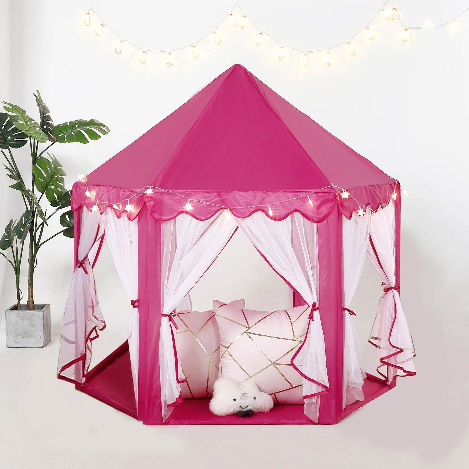 4.5Ft Pink Princess Castle Play House Tent with Star LED Garlands and Carry Bag