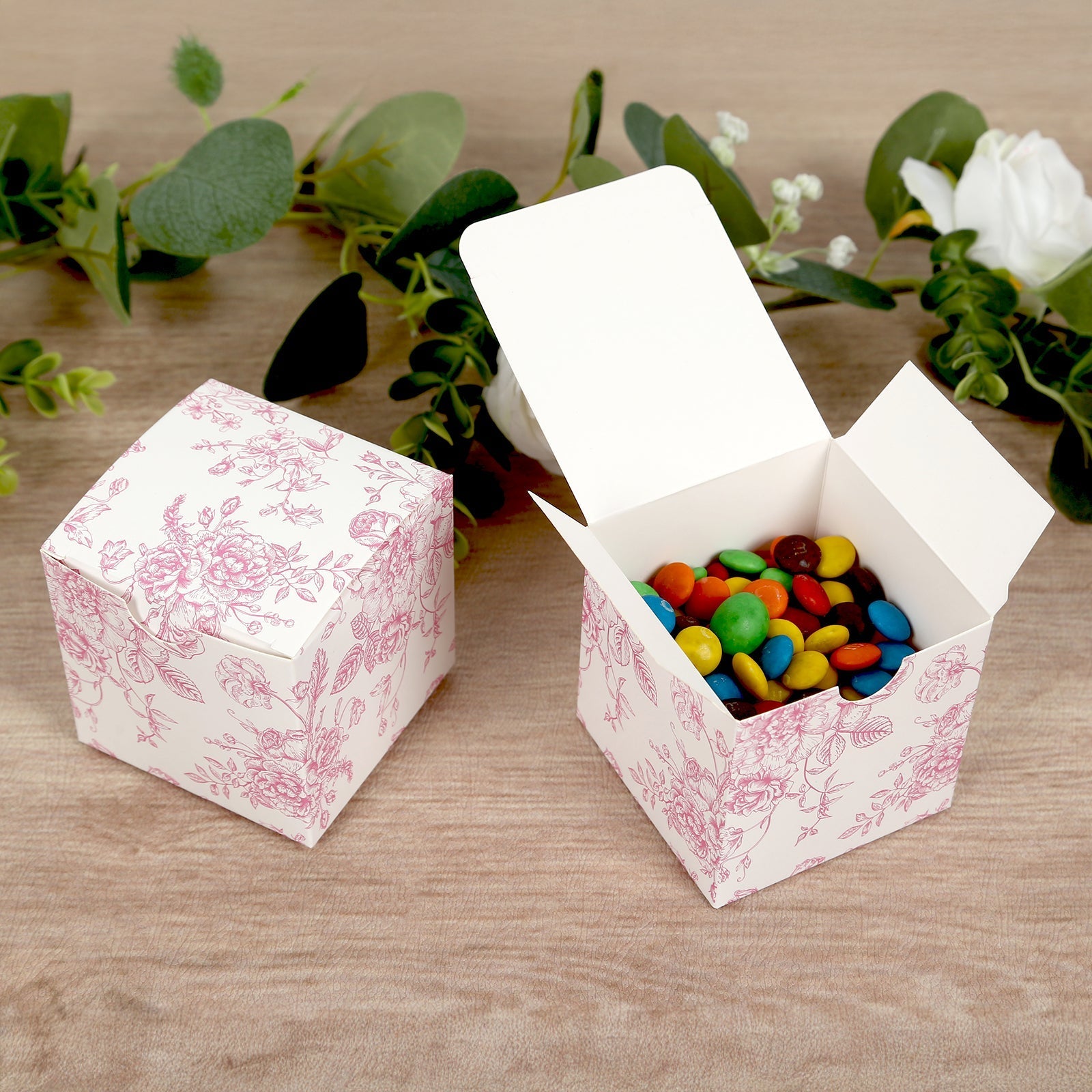 25 Pack Candy Treat Favor Boxes in French Toile Pattern - Matte Pink and White Party Gift Boxes, Cardstock Paper - 3"x3"