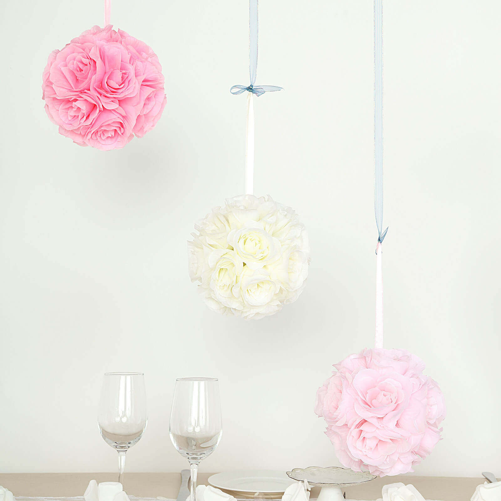 2 Pack 7" Cream Artificial Silk Rose Kissing Ball, Faux Flower Ball