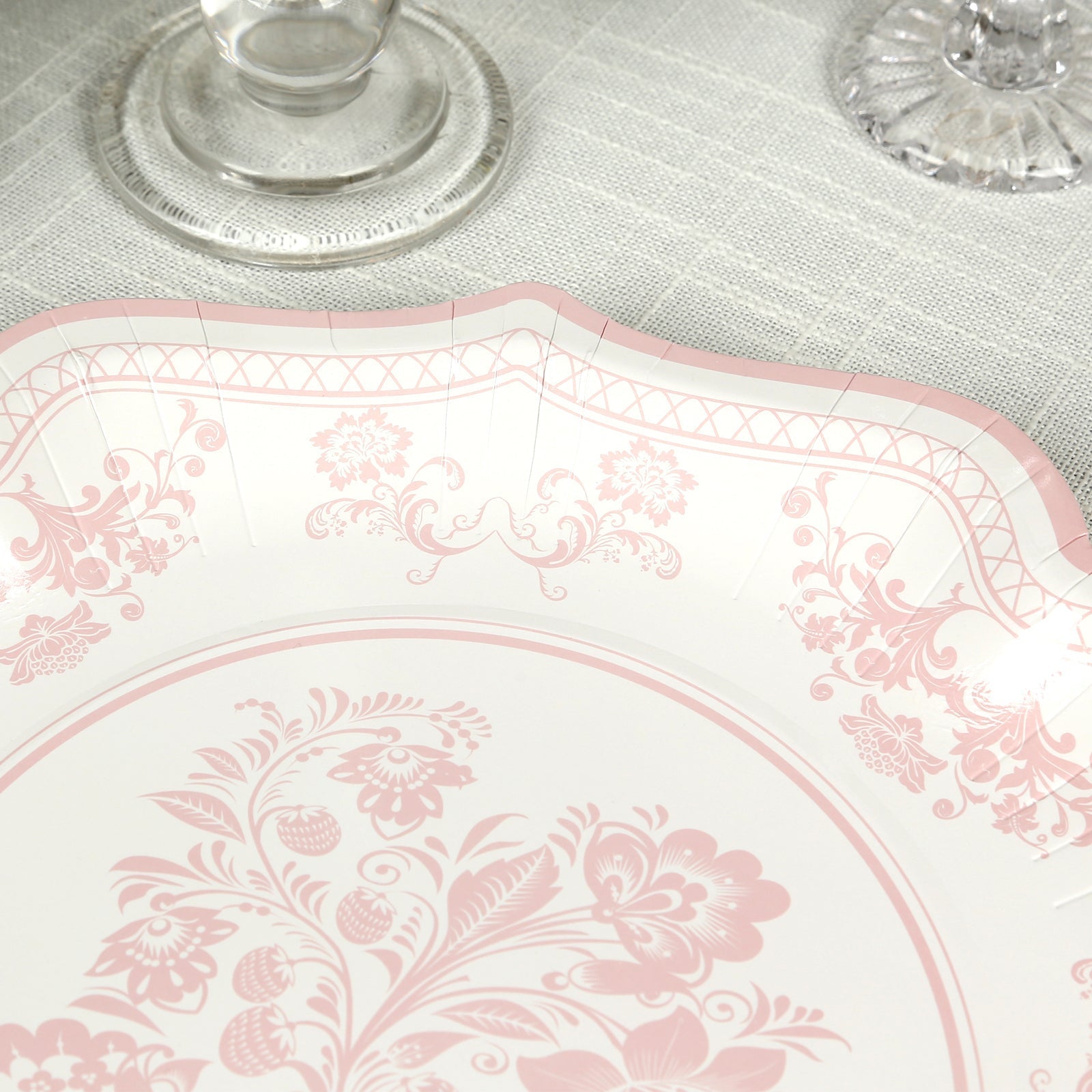 25-Pack Paper Dessert Plates in White with Pink Damask Floral Print & Scallop Rim - Stylish Disposable 300GSM Floral Salad Appetizer Plates 8"