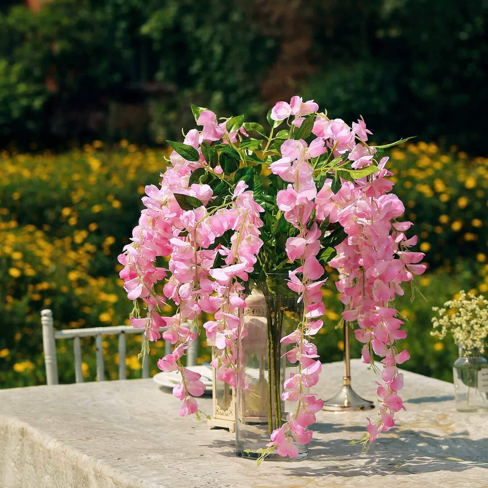 5 Pack 44" Silk Hanging Wisteria Flower Garland Vines in Pink, 3 Strands in 1 Bush