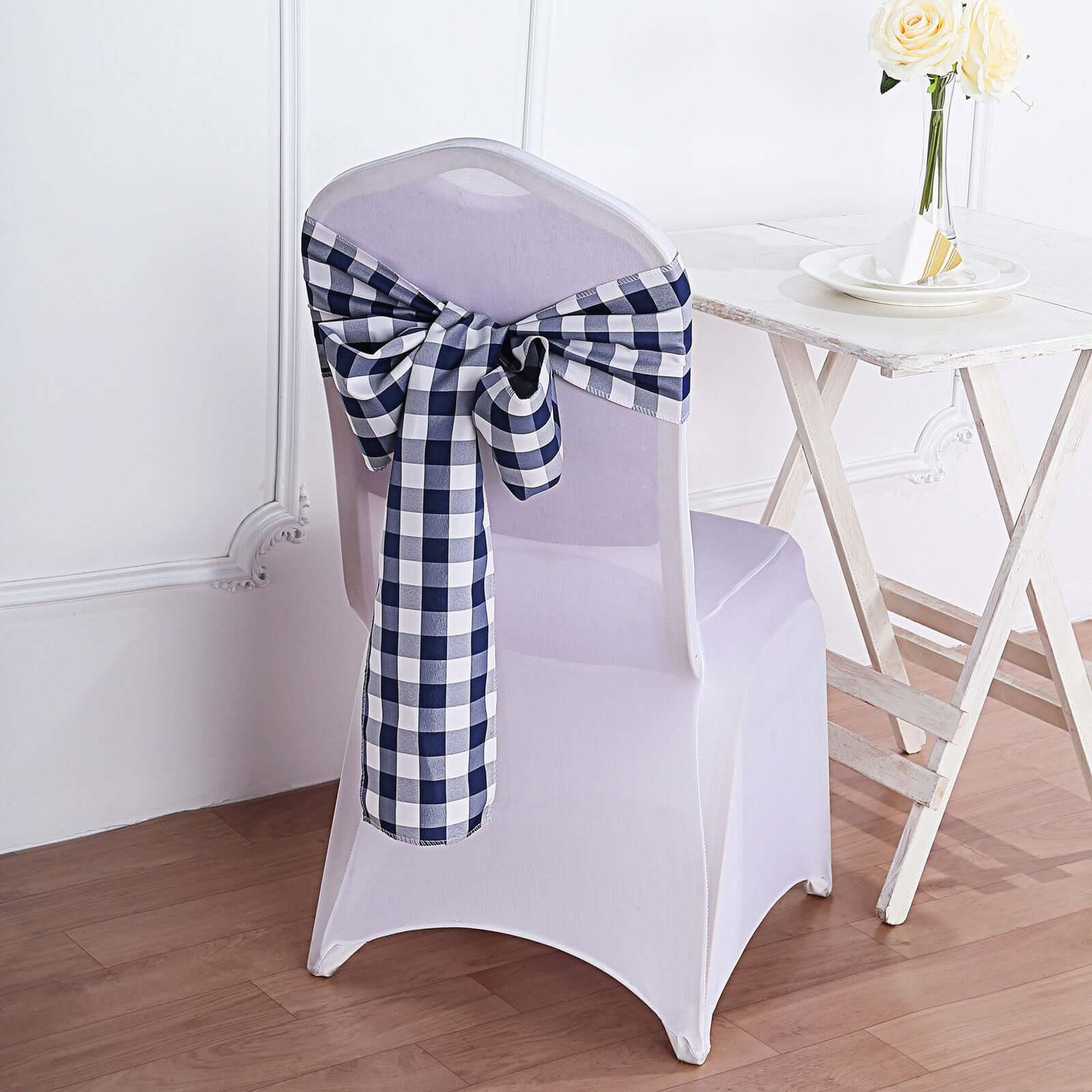 5 Pack Polyester Chair Sashes Navy Blue/White Buffalo Plaid - Durable & Reusable Chair Bows 6"x108"